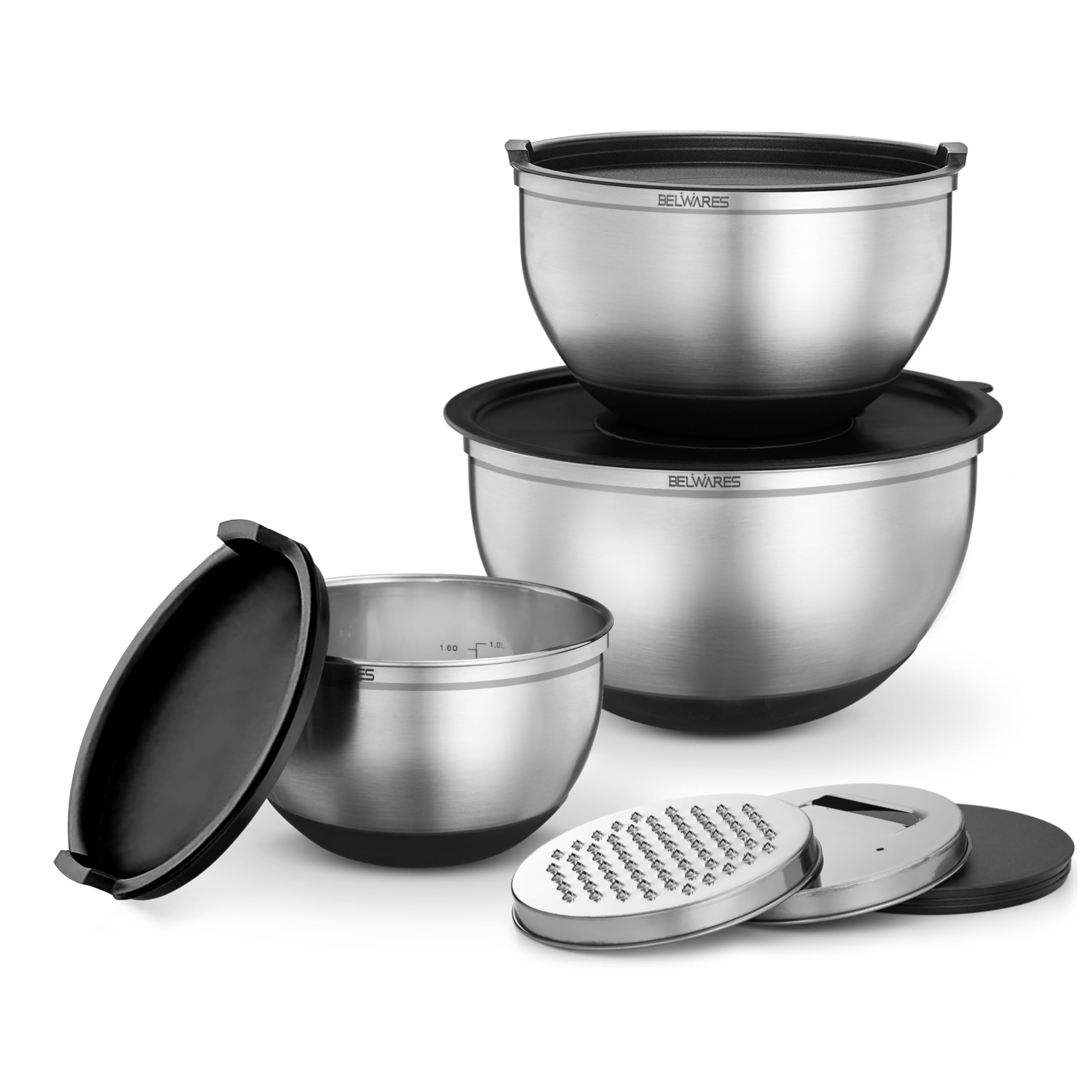 Belwares Mixing Bowls With Lids Set - Nesting Bowls With Graters, Handle, Pour Spout, Airtight Lids - Stainless Steel Non-Slip M