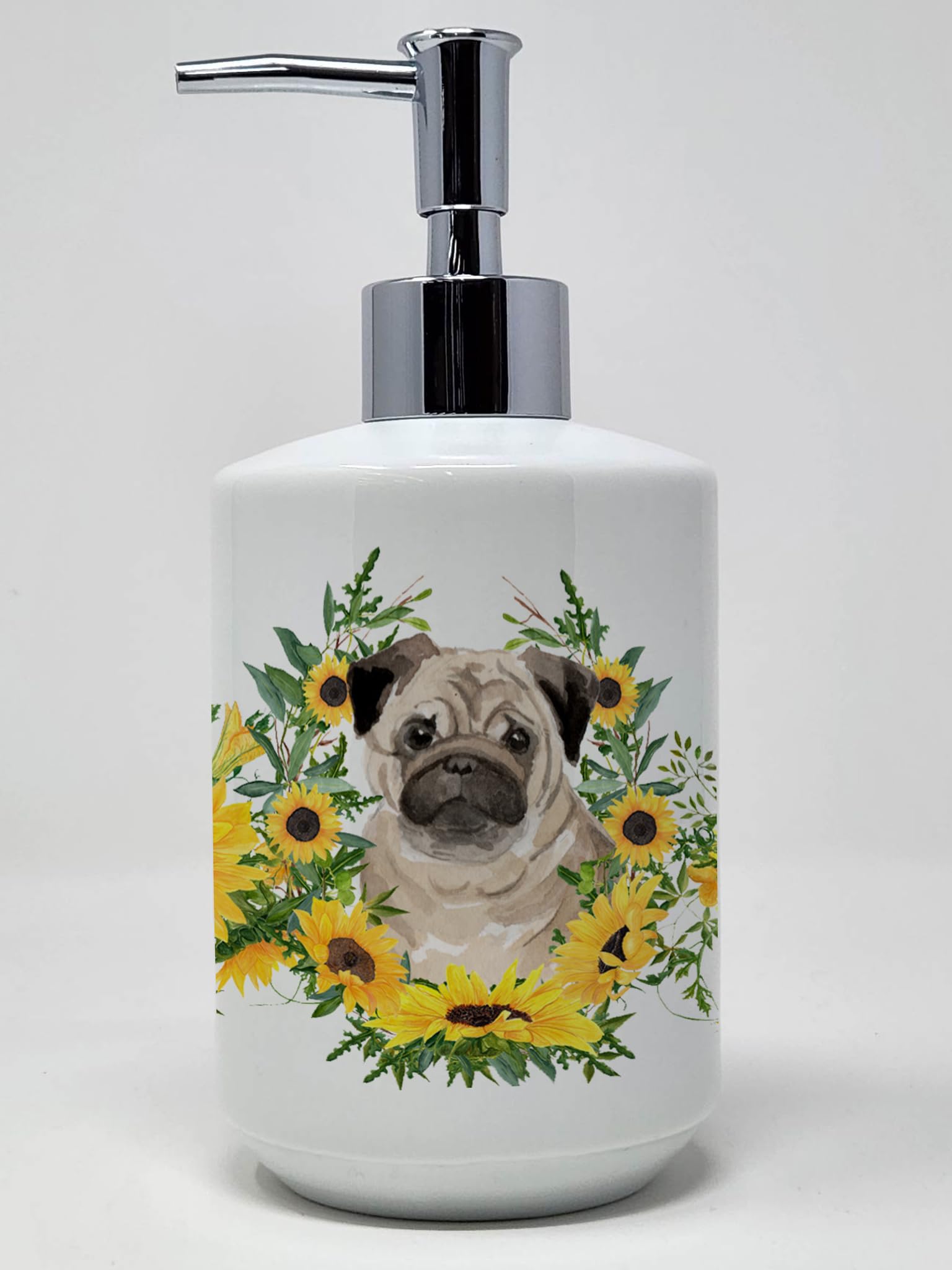 Caroline'S Treasures Ck2931Soap Fawn Pug In Sunflowers Ceramic Soap Dispenser Hand Soap Dispenser Pump Bottles For Bathroom Kitc