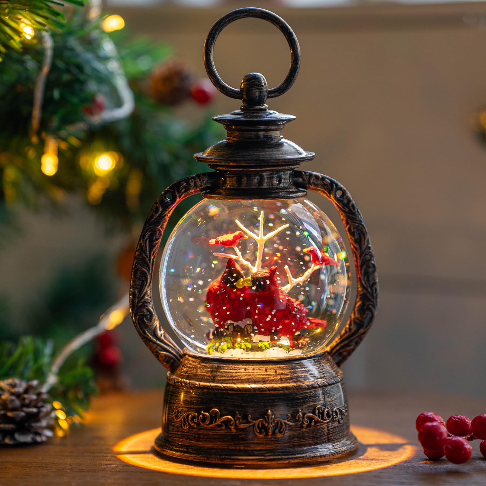 Christmas Snow Globe Lantern Water Glittering Cardinal with Music, USB Lined/Battery Operated Lighted Lantern for Christmas Fest