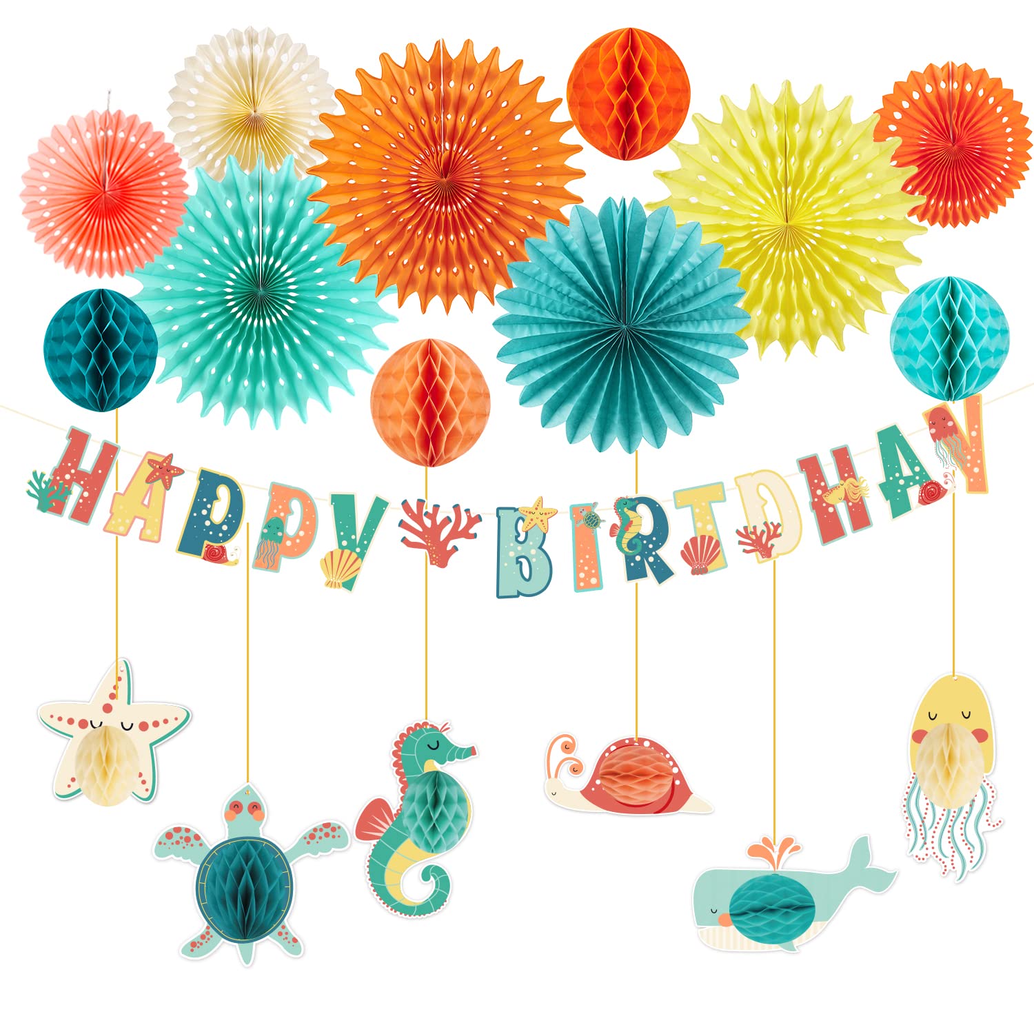 Under The Sea Party Decorations Happy Birthday Banner Paper Fans Ocean Sea Animal Honeycomb With Coral Starfish Sea Turtles Ocea