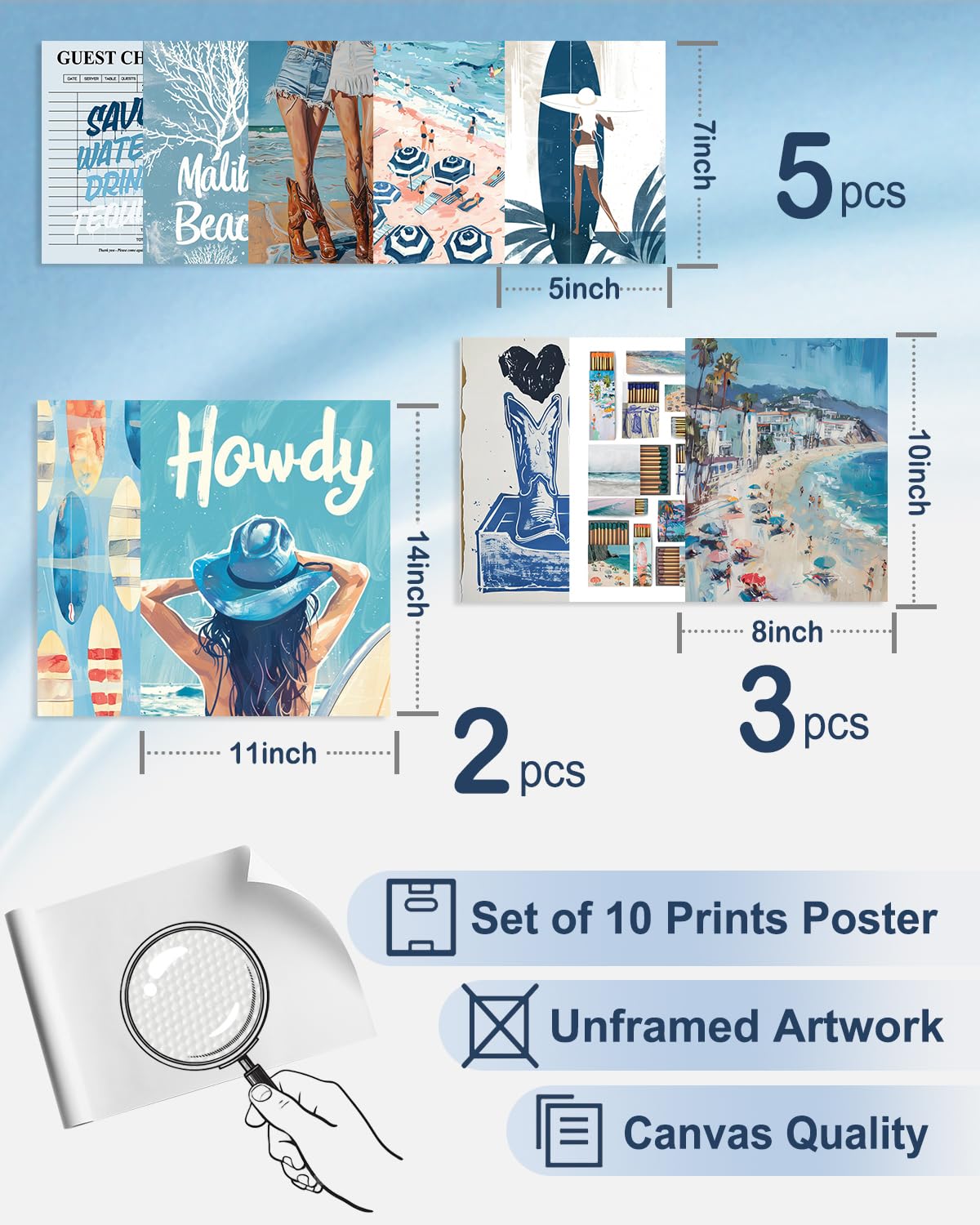 Kbkbart Coastal Cowgirl Room Decor Aesthetic Set Of 10, Coastal Granddaughter Room Decor, Blue Collage Coastal Cowgirl Wall Art