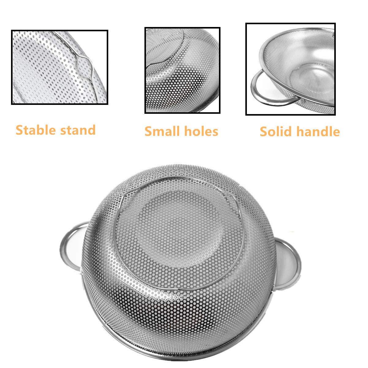 Colander Set Of 2, Heavy Duty Stainless Steel Micro-Perforated Strainer Mesh Colander With Handle For Draining Rinsing Washing P