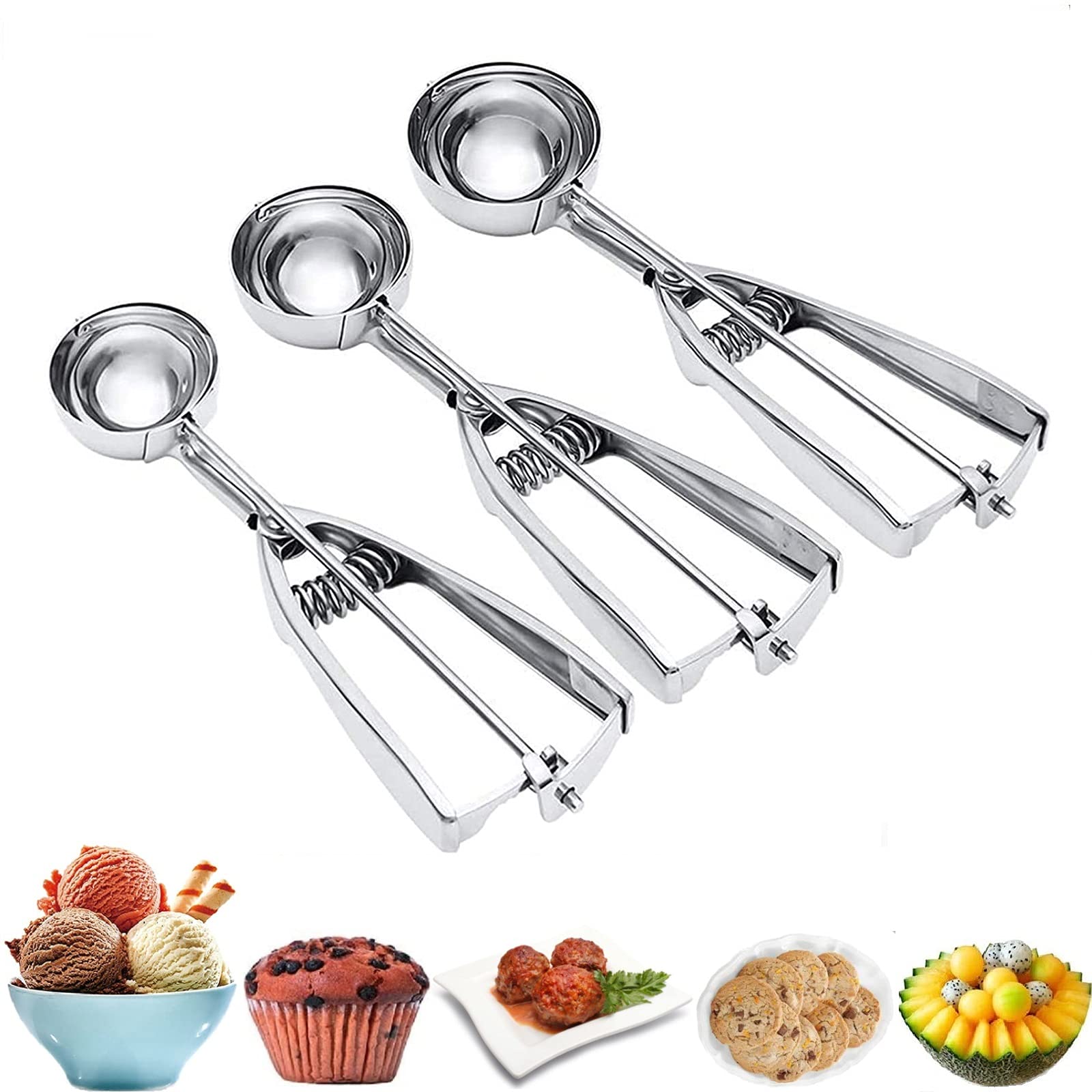 Ice Cream Scoop, 3Pcs Cookie Scoop Set, Stainless Steel Ice Cream Scooper With Trigger Release, Large/Medium/Small Cookie Scoope