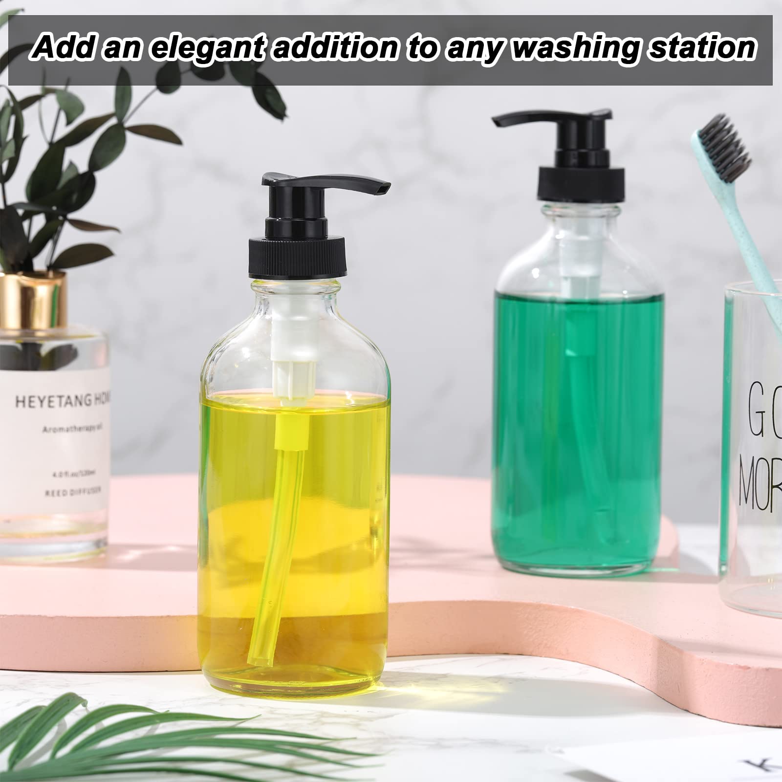 8 Pack Glass Pump Bottles With Black Lotion Pumps, 8 Oz Refillable Pump Bottles Dispenser Thick Glass Lotion Soap Shampoo Contai