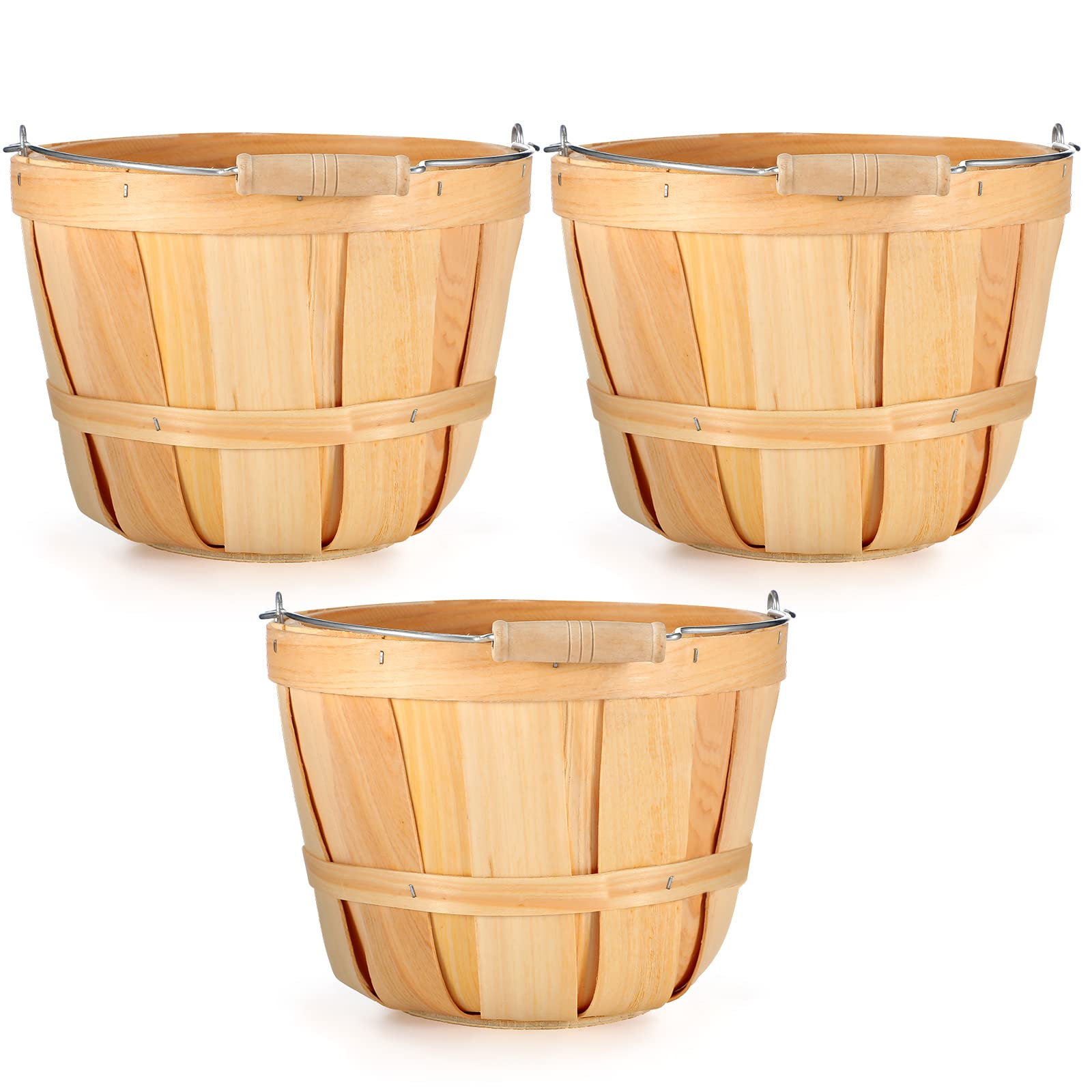 3 Pack Round Wooden Baskets Wood Fruit Buckets with Handle Bushel Basket for Vegetable Snack Holiday Cheat Bucket Garden Decorat