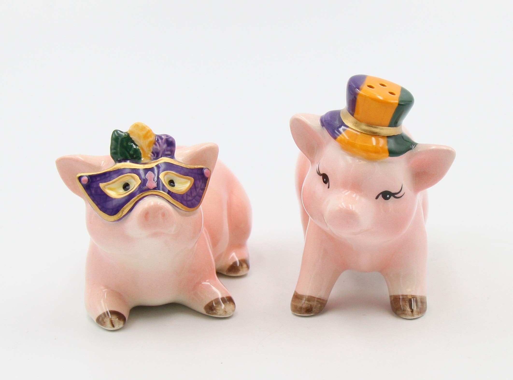 Fine Ceramic Mardi Gras Costume Pigs Couple Salt & Pepper Shakers Set, 3-5/8''