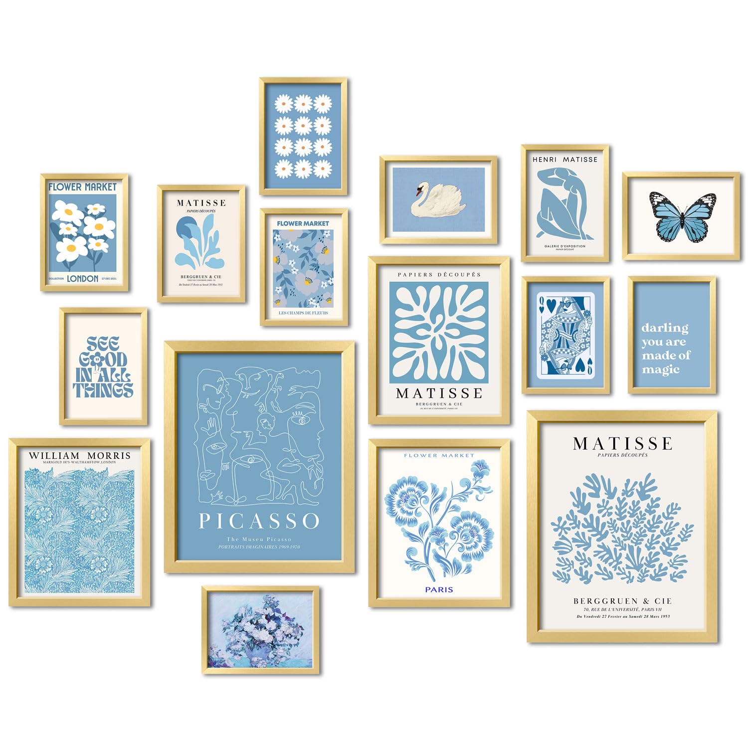 ANERZA 16 PCS Framed Blue Wall Art Decor, Matisse Wall Prints for Bedroom, Gallery Wall Frame Set, Minimalist Posters for Living