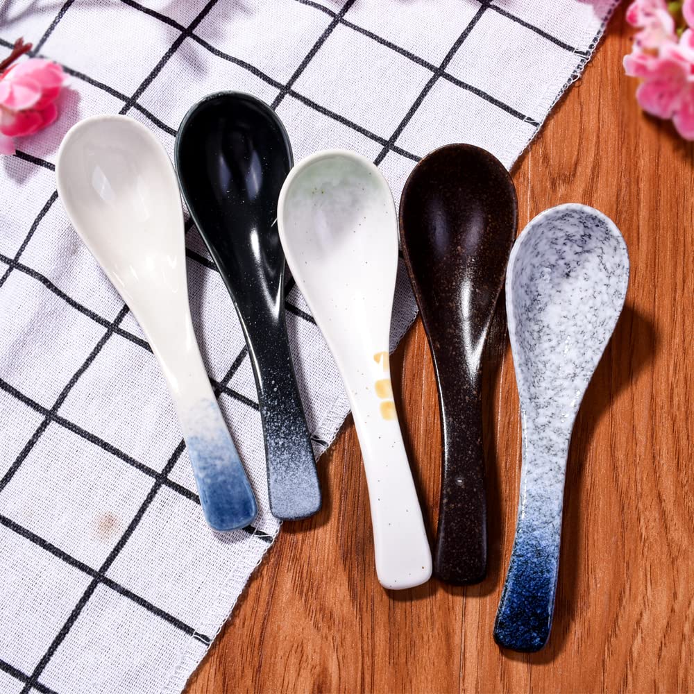 Whitenesser Japanese Soup Spoons Set Of 5 Asian Porcelain Soup Spoon For Ramen Wonton Pho Dumpling Dishwasher Safe