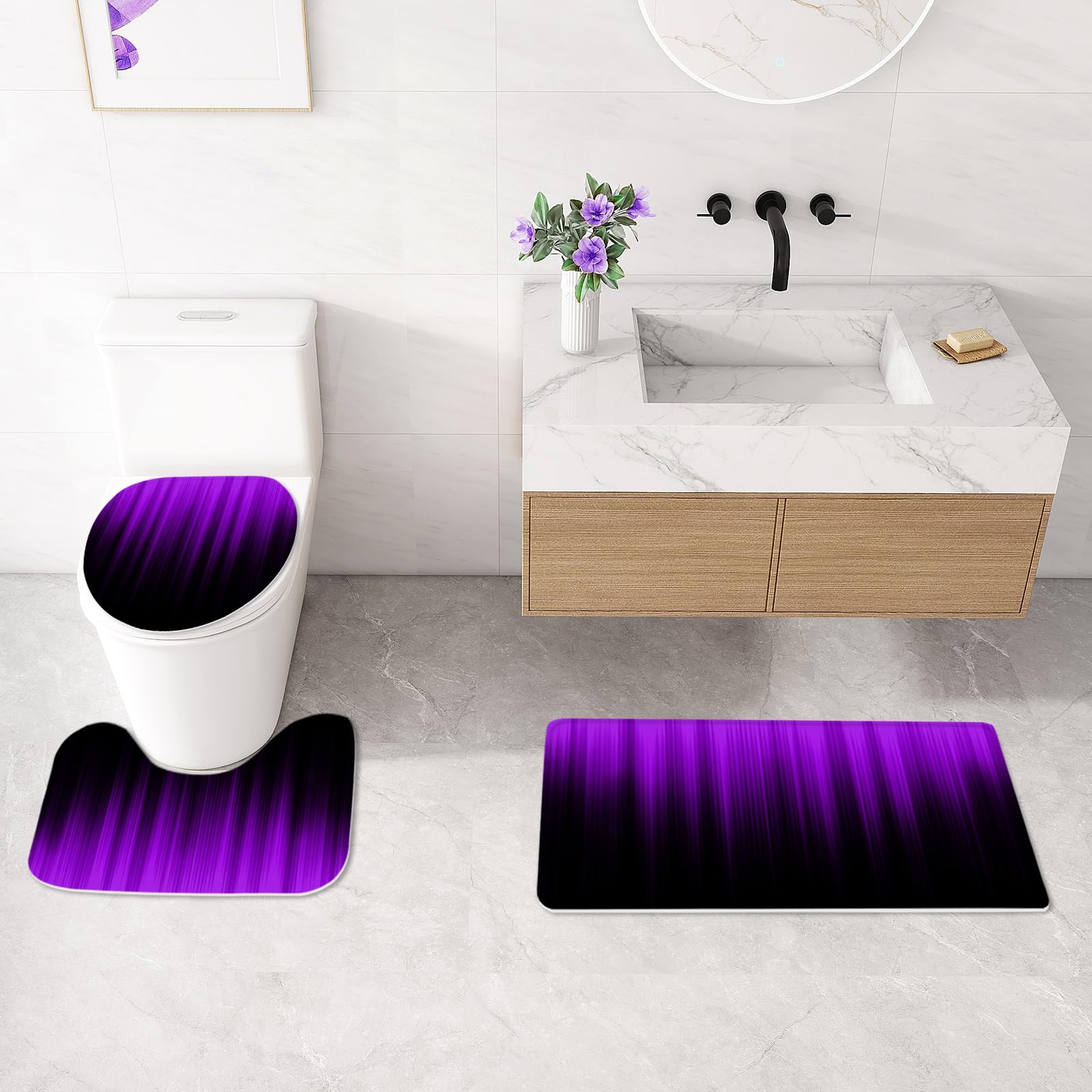 Litabel 4 Pcs Purple And Black Gradient Shower Curtain Set With Rugs And Toilet Lid Cover, Modern Simple Waterproof Fabric Bathr