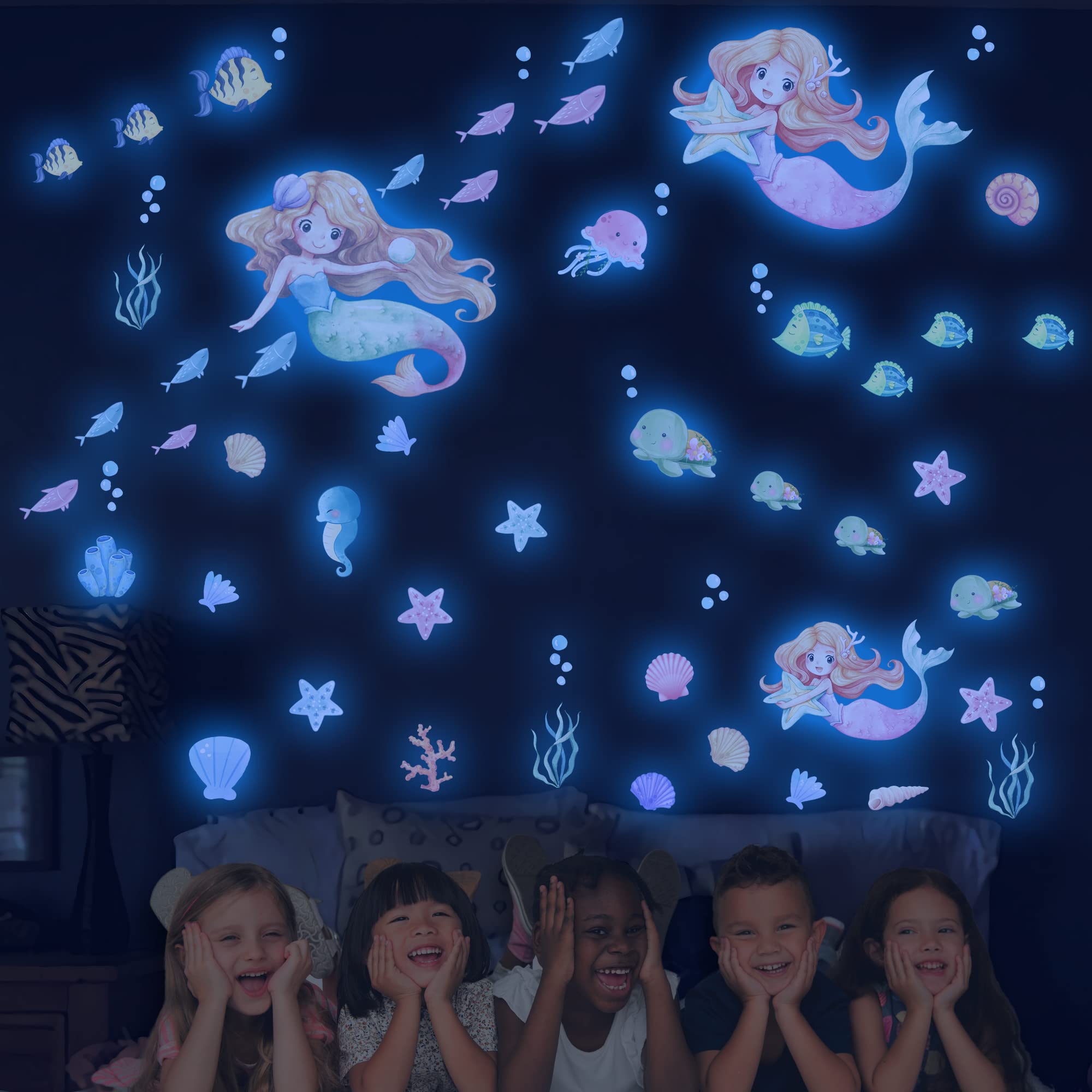 Glow In The Dark Stars Mermaid Wall Decals, Turtle Ocean Fish Stickers For Ceiling, Diy Wall Decor For Nursery Playroom Living R