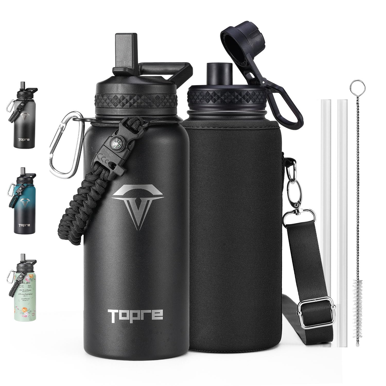 Topre 32oz Insulated Water Bottle,Stainless Steel Vacuum Water Bottle, BPA-Free & Leakproof -with Paracord Handle,Strap,Straw Sp