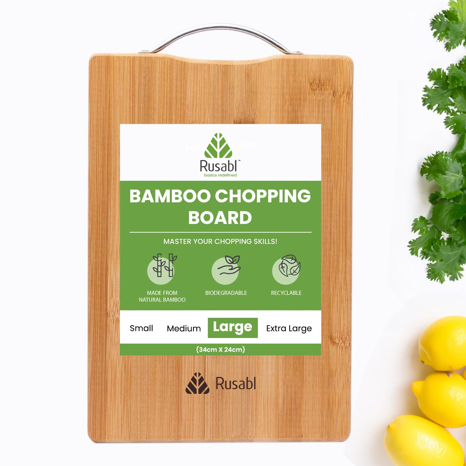 Rusabl Bamboo Wooden Chopping Board With Metal Handle (L, 34 X 24 Cms, 1.8 Cm Thickness) Multipurpose Cutting Board For Fruits &