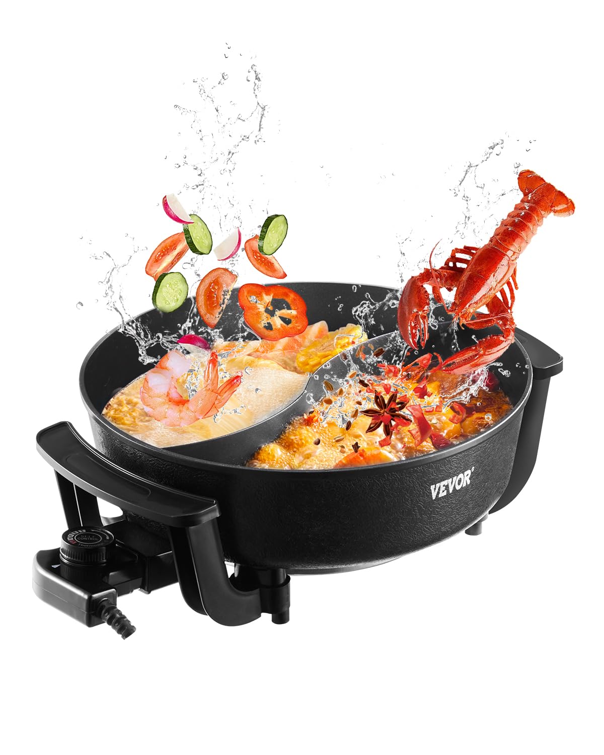 VEVOR Electric Hot Pot, 1360W 5 L Double-flavor Shabu Shabu Pot, Non-Stick Electric Cooker with Divider, Clear Glass Lid, Temper