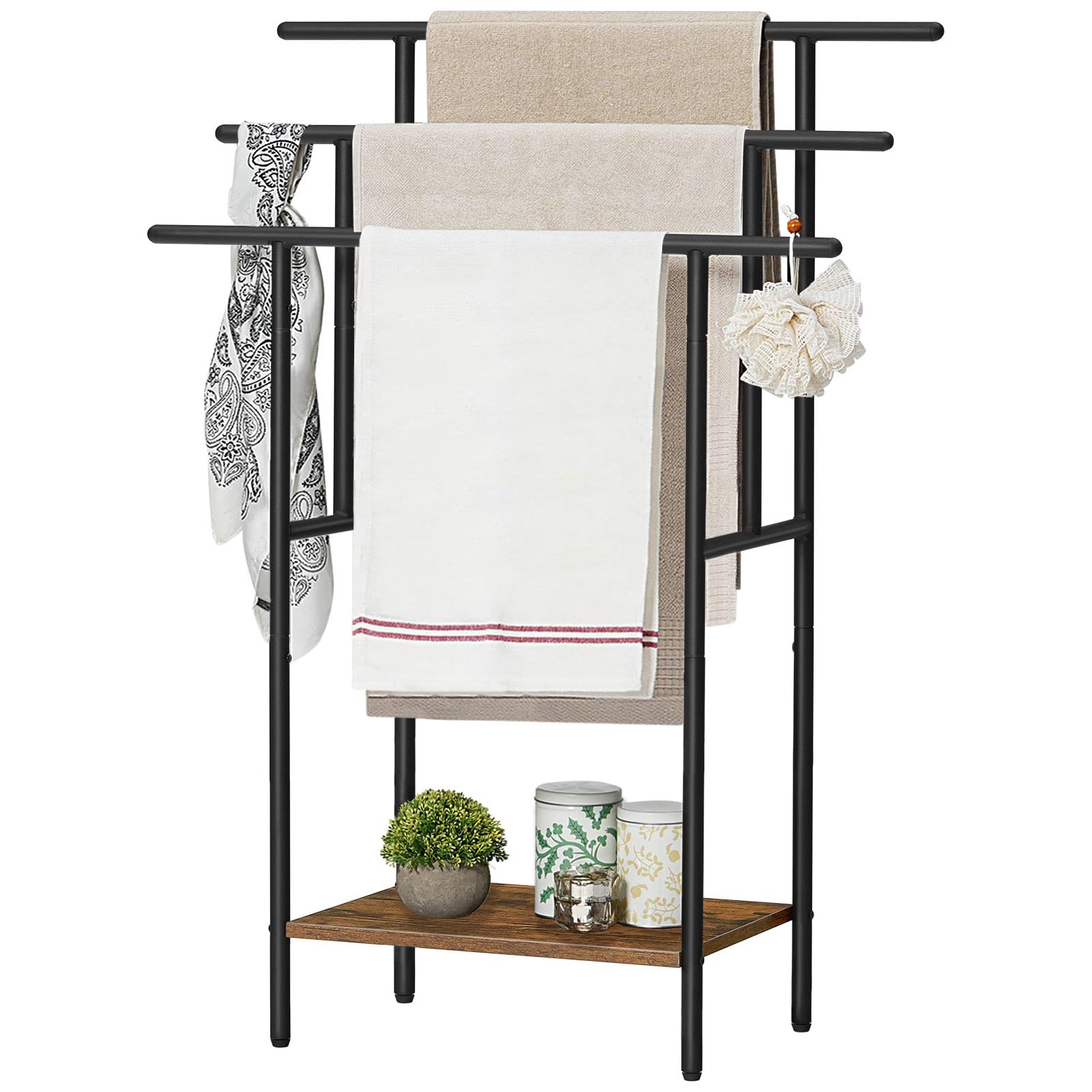 HOOBRO 39.4 Tall Freestanding Towel Rack for Bathroom, 3 Tier Stepped Blanket Rack with Shelf, Oversized Bath Towels Drying and 