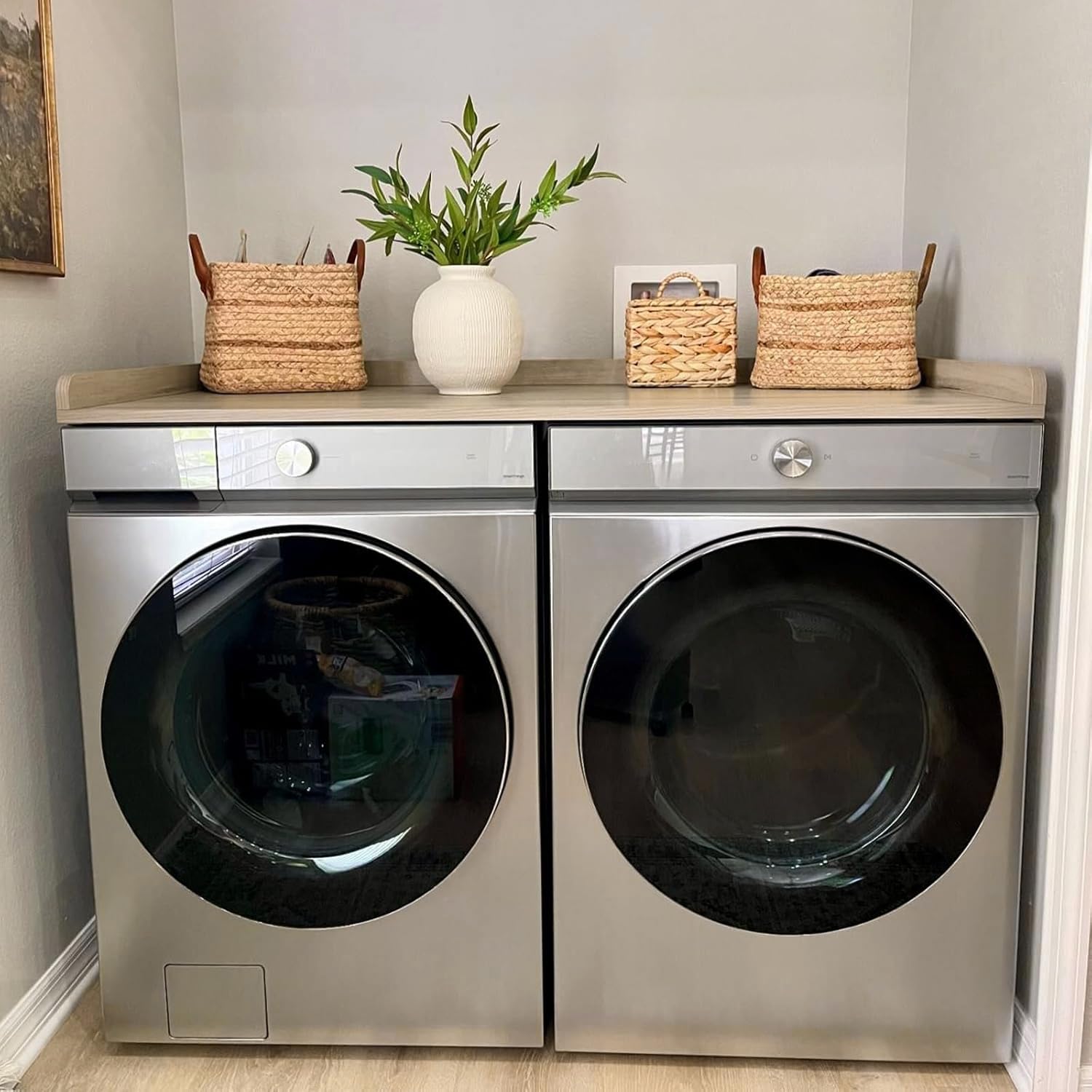 Kaboon Washer Dryer Countertop, Melamine Countertop With Edge Rails - 27.5'' Depth X 54'' Width Laundry Room Organization,Oak(Gr