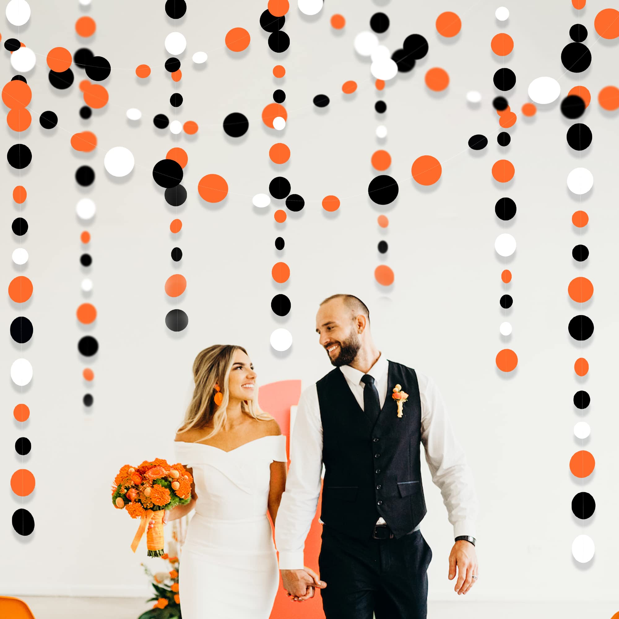 46Ft Orange Black Circle Dot Garland Black Orange And White Polka Dot Hanging Paper Streamer For Birthday Wedding Bridal Shower