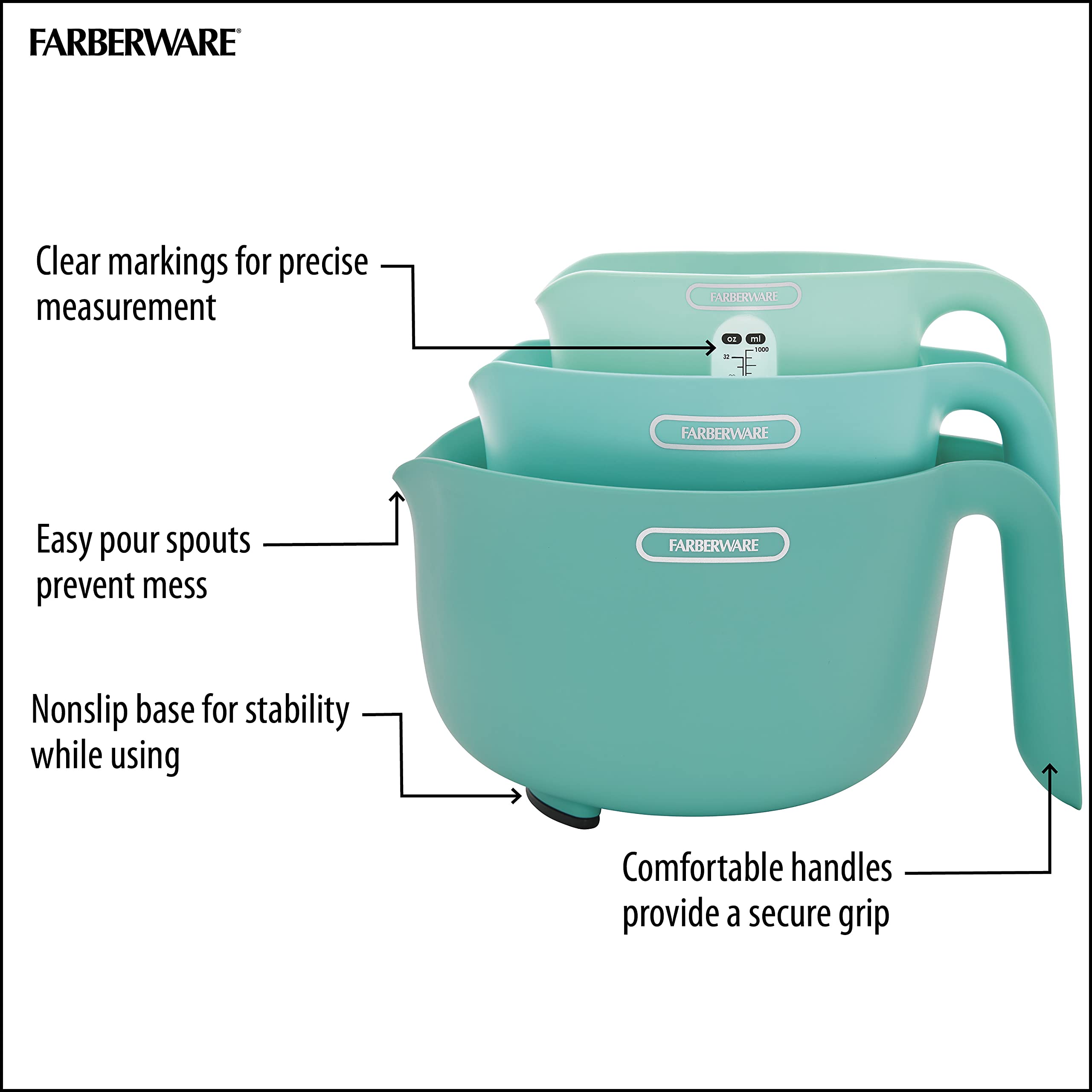 Farberware 3-Piece Professional Measure Colander Bowl Set, Aqua, Model 5270003