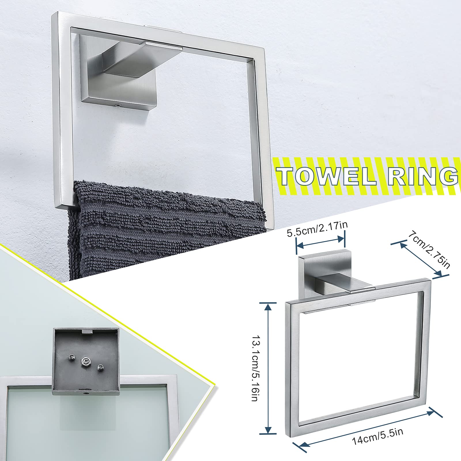 Brushed 4-Piece Bathroom Hardware Set Premium Stainless Steel Bath Towel Bar Sets Wall Mounted Square Bathroom Accessories Kit  23.6 Inch Brushed Nickel