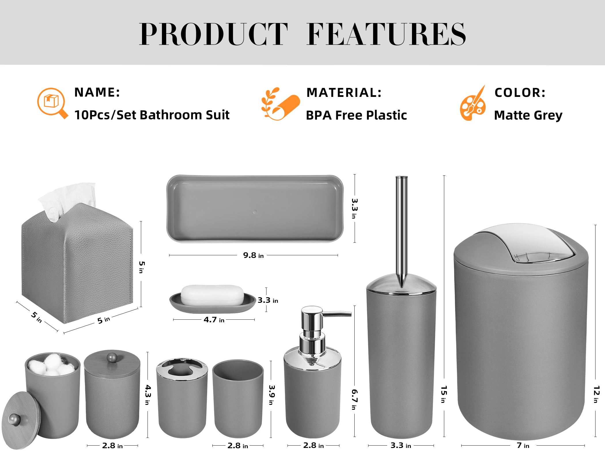 Alpiriral Grey Bathroom Accessories Set, 10Pcs Bathroom Accessory Set With Trash Can, Soap Dispenser And Toothbrush Holder, Soap