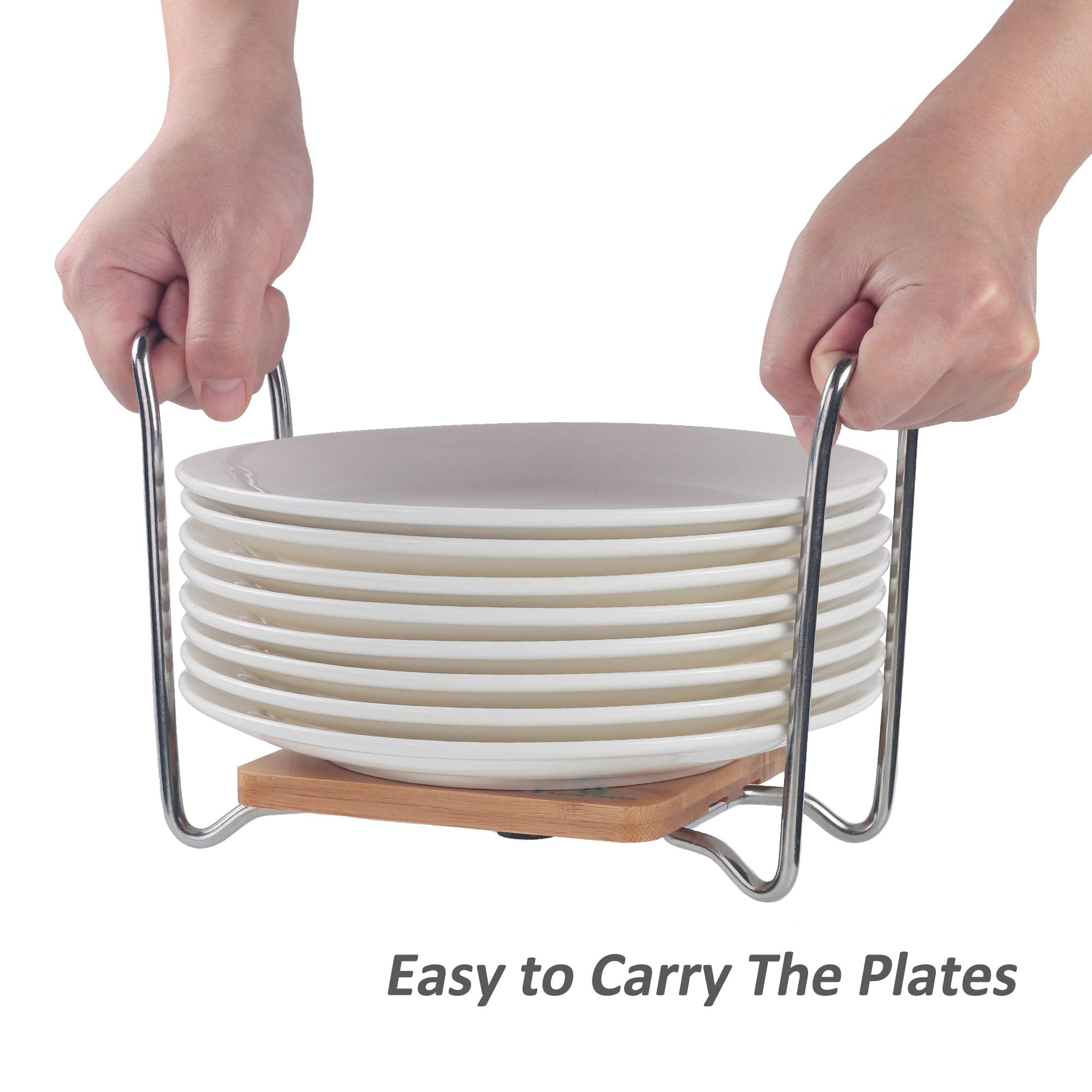 E-ROOM TREND Dish Holder SS304 2 Pack Small Square Size for 6'' to 9'' Plates Organizer Upgrade Thicken Bamboo Adjustable Size Easy Carried Handles Storage Rack for RV Cabinets Shelf Countertop (A078)