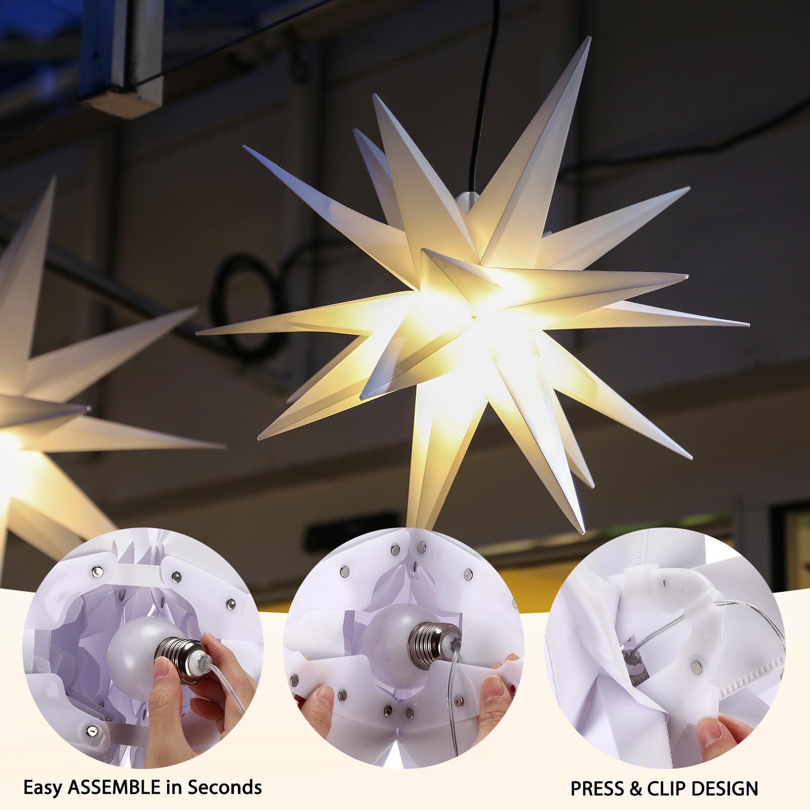 Grinsvalley 1 Set Christmas Star Lantern Moravian Light 23 Star 3D Plastic Waterproof White Hanging Lamp with Twinkle LED Bulb
