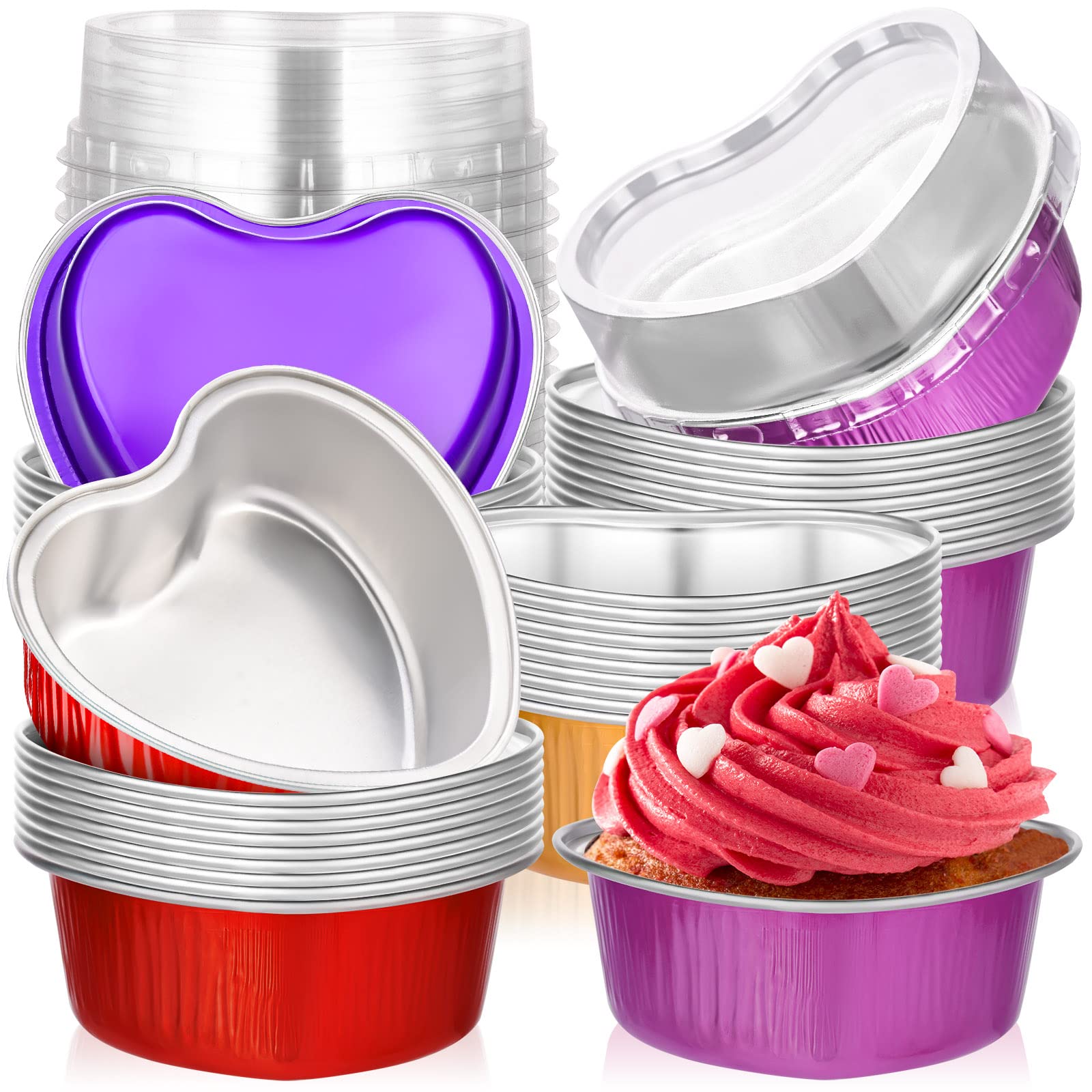 Ffniu Heart Shaped Aluminum Pans, 40 Packs Aluminum Heart Cake Pans With Lids For Baking, 3.4 Ounces/ 100 Ml Cupcake Cup Pan Bak