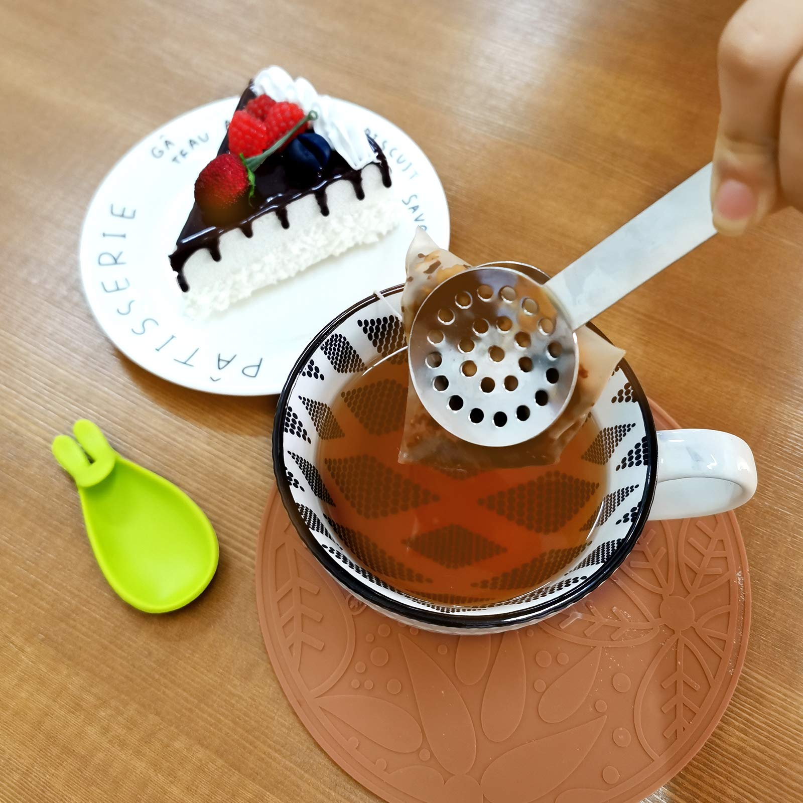 Snail Garden 2Pcs Stainless Steel Tea Bag Tongs, Round Tea Bag Squeezer With 2Pcs Bunny Silicone Tea Bag Holders & Rests- 6Inch