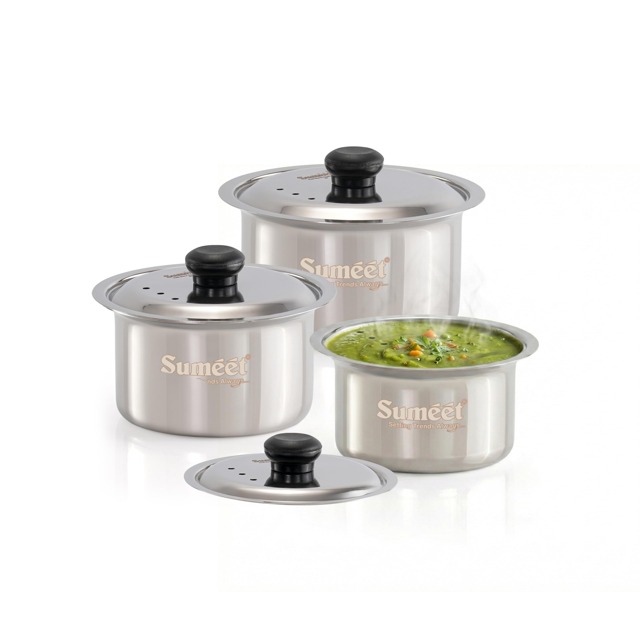 Sumeet ISI Certified HeavyPly Stainless Steel patila Set  3 pcs with lids - 400 ml  600 ml  830 ml  Induction & Gas Compatible  Durable bhagona tope cookware for Everyday Cooking