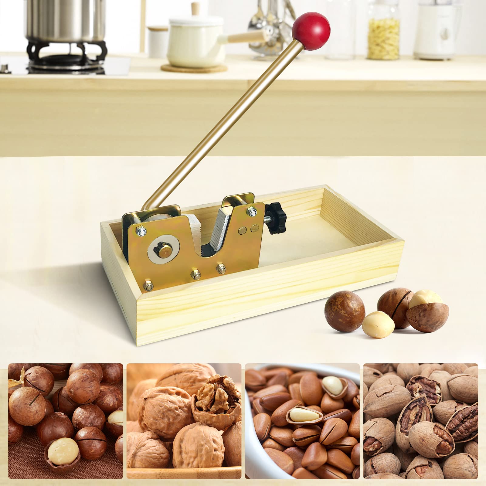 Artcome Heavy Duty Macadamia Nut Cracker Set with Crab Cracker & Forks, Stainless Steel, Model XWY-Cracker4pc, Wood Handle Base