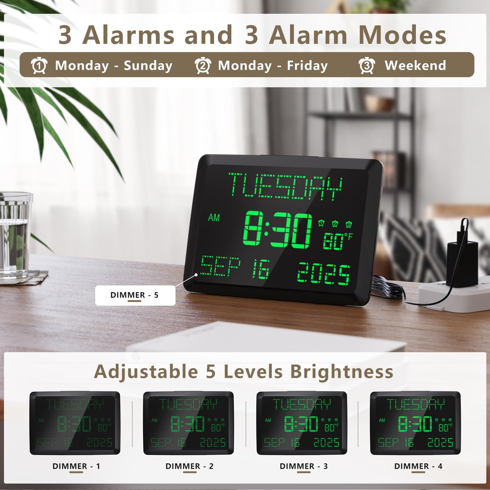Raynic Day Clock, 11.5 Large Display Calendar Clock with Day and Date, Indoor Temperature, Adjustable Brightness, Snooze,12/24H,