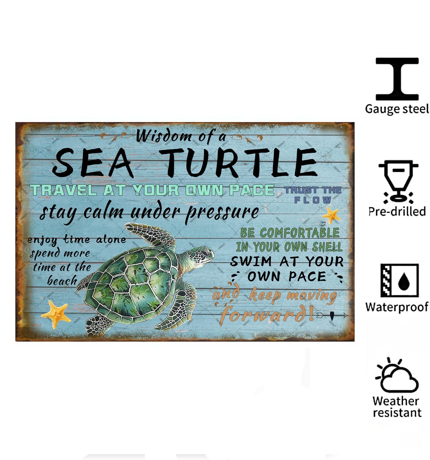 EMOHAT Sea Turtle Crossing Metal Tin Sign Wisdom Of A Sea Turtle Coastal Beach Wall Art Posters for Home Man Cave Gifts 12x8 Inc