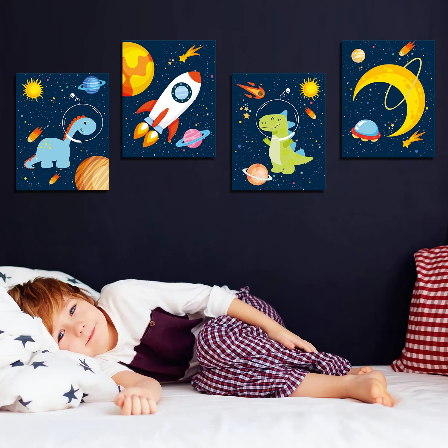 Kairne Outer Space Dinosaur Room Decor,Solar System Stars Wall Canvas Poster,Set Of 4 (12X16Inch,Framed) Planet Astronaut Art Pr