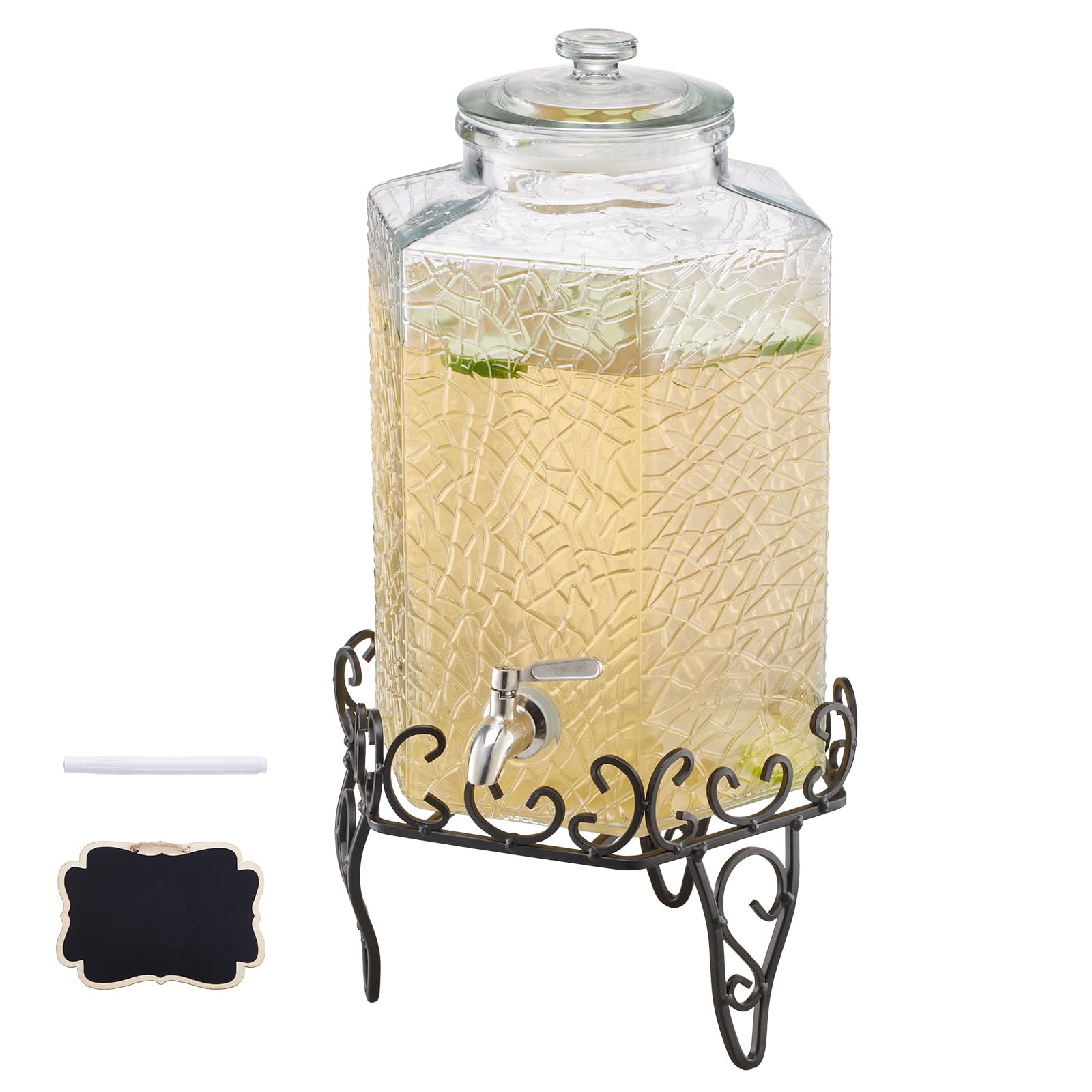 VEVOR Beverage Dispenser, 2.5 Gallon Drink Dispensers for Parties, Glass Juice Dispenser with Metal Stand, Stainless Steel Spigo