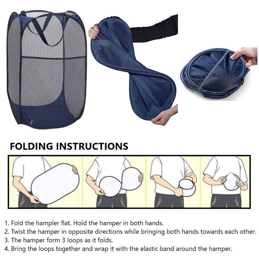 Larpur Popup Mesh Laundry Basket  Collapsible and Portable Clothes Washing Laundry Hamper with Reinforced Carry Handle (Blue*2)