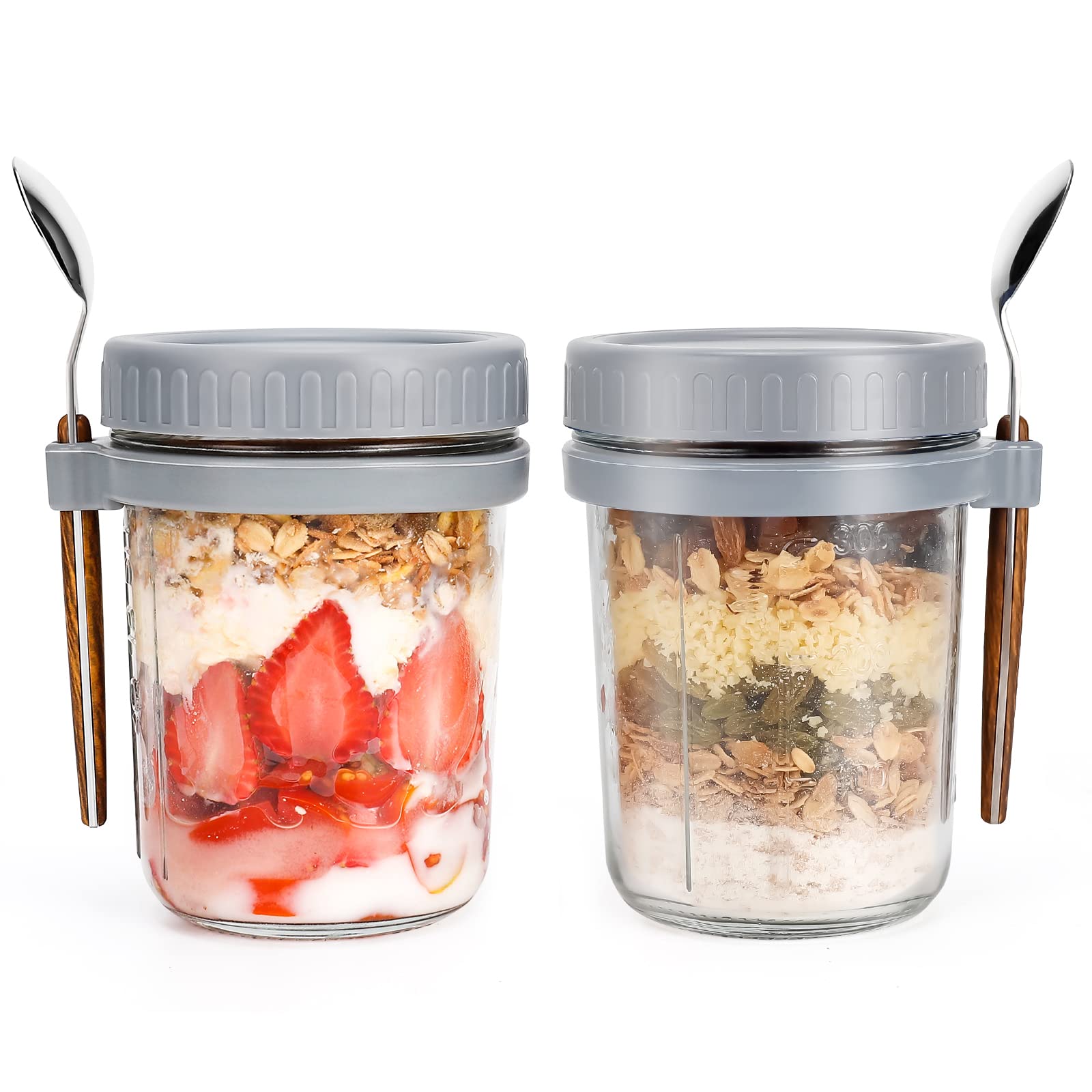 Overnight Oats Jars With Spoon And Lid 16 Oz [2 Pack], Airtight Oatmeal Container With Measurement Marks, Mason Jars With Lid Fo
