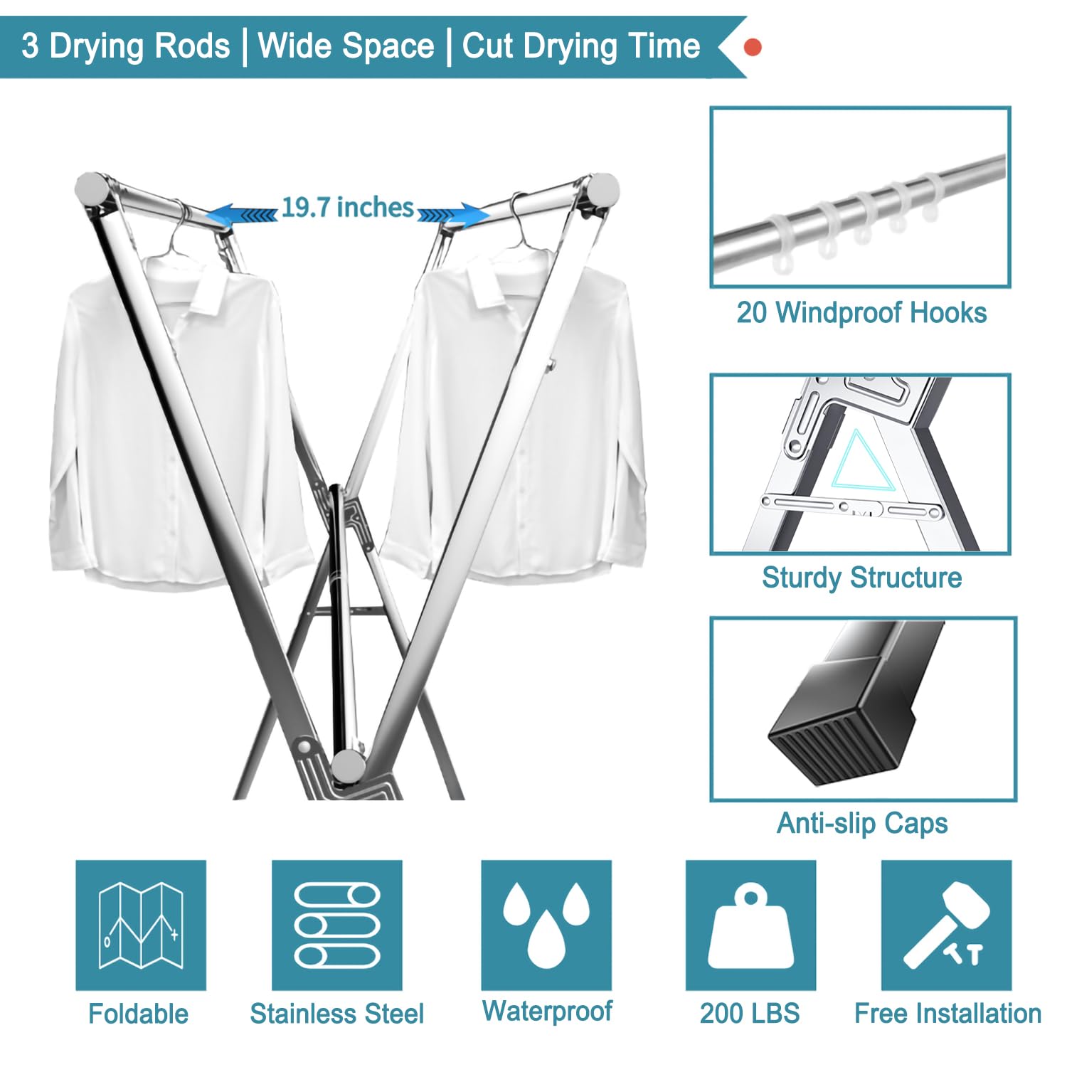 Jauree 95 Inches Clothes Drying Rack Clothing Folding Indoor Outdoor, Heavy Duty Stainless Steel Laundry Drying Rack, Foldable P