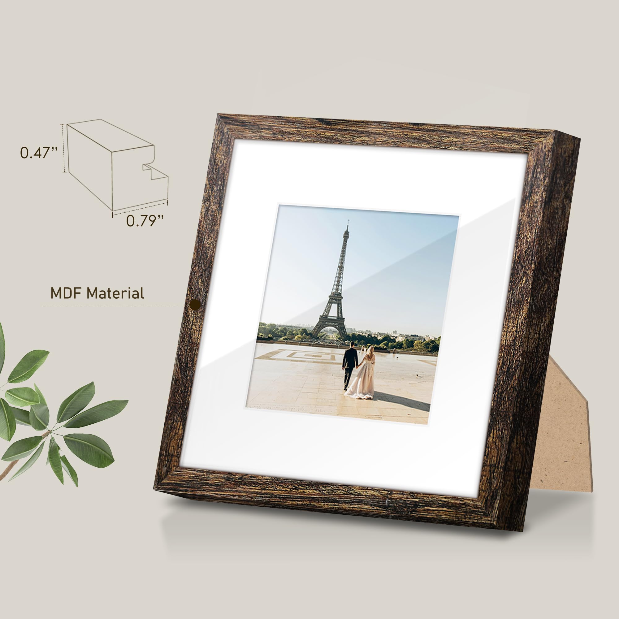 Fisnish 8x8 Picture Frame Sef of 10, Display Pictures 5x5 with Mat or 8 x 8 Without Mat, Brown Photo Frame Collage for Wall Gall