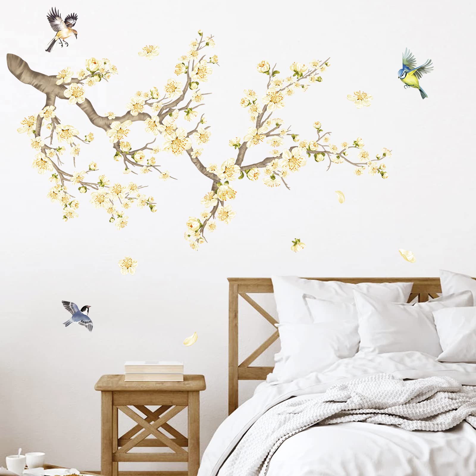 decalmile Flower Branch Wall Stickers Yellow Blossom Pear Flower Birds Wall Decals Kids Bedroom Living Room Window Wall Decor