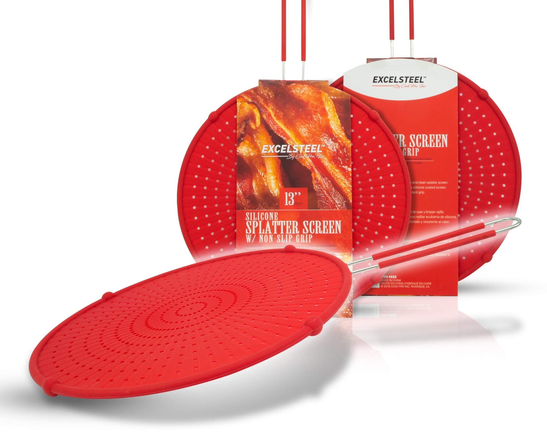 ExcelSteel 13'' Silicone Splatter Screen w/Non-Slip Grip  Red