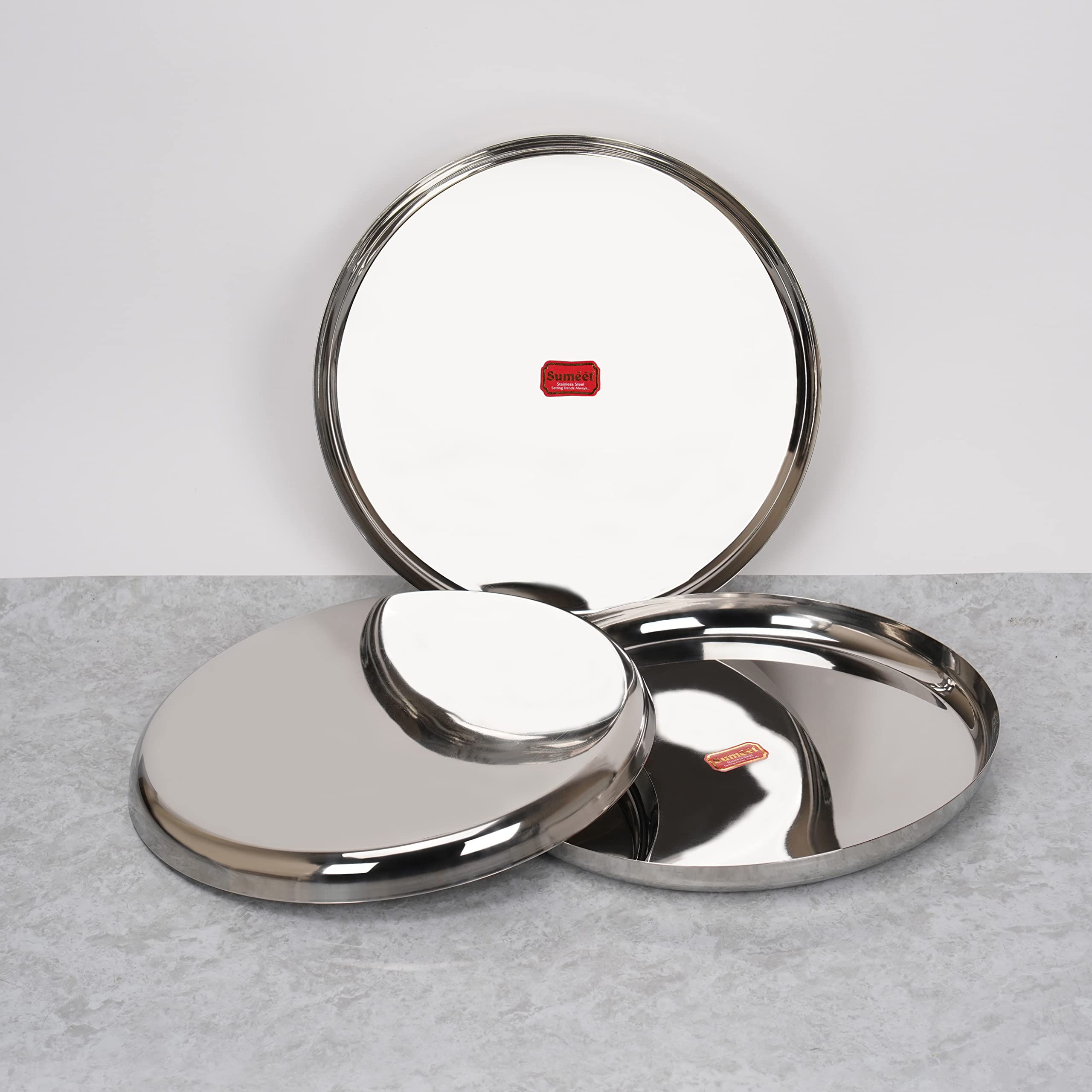 Sumeet Stainless-Steel Apple Shape Heavy Gauge Dinner Plates with Mirror Finish-34.6cm Dia, Set of 3pc, Silver