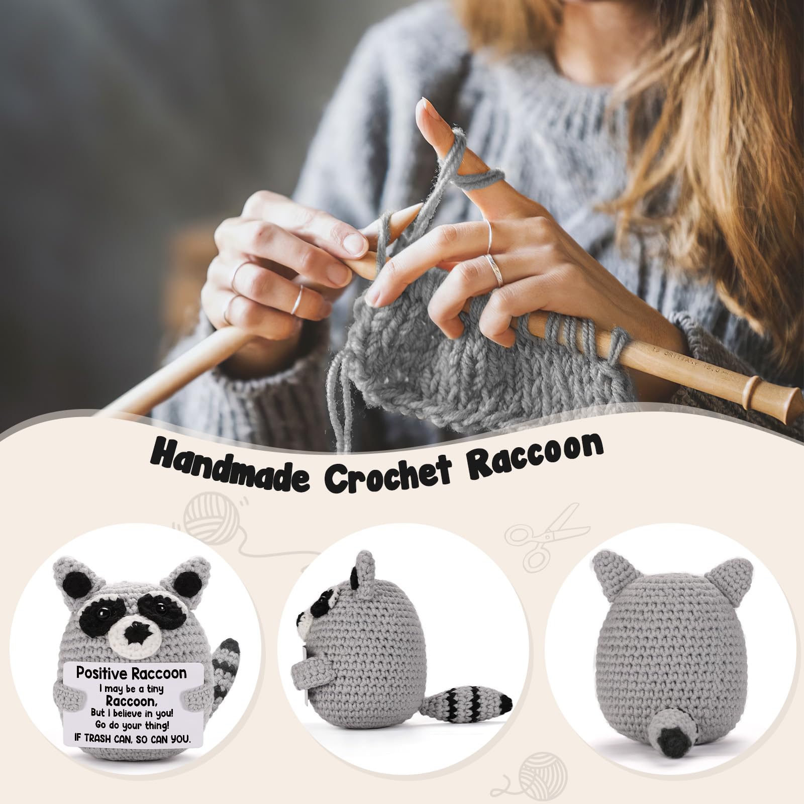 Weming Positive Crochet Animal Raccoon, Handmade Emotional Support Plush Back to School Gift, College Care Package for Teen Girl