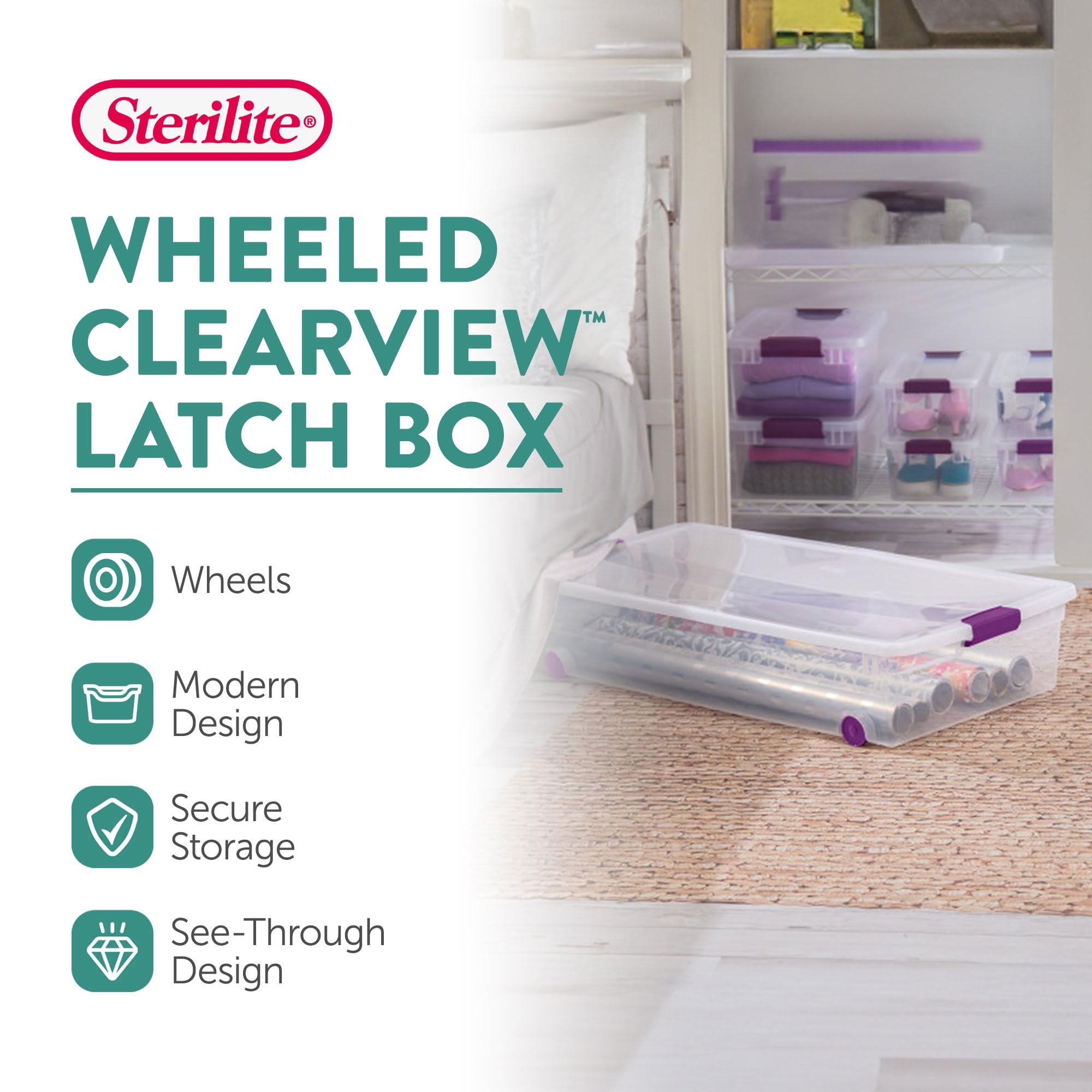 Sterilite 4-Pack Clearview Latch Box, Wheeled Underbed Organizer Bins For Home, 60 Quart
