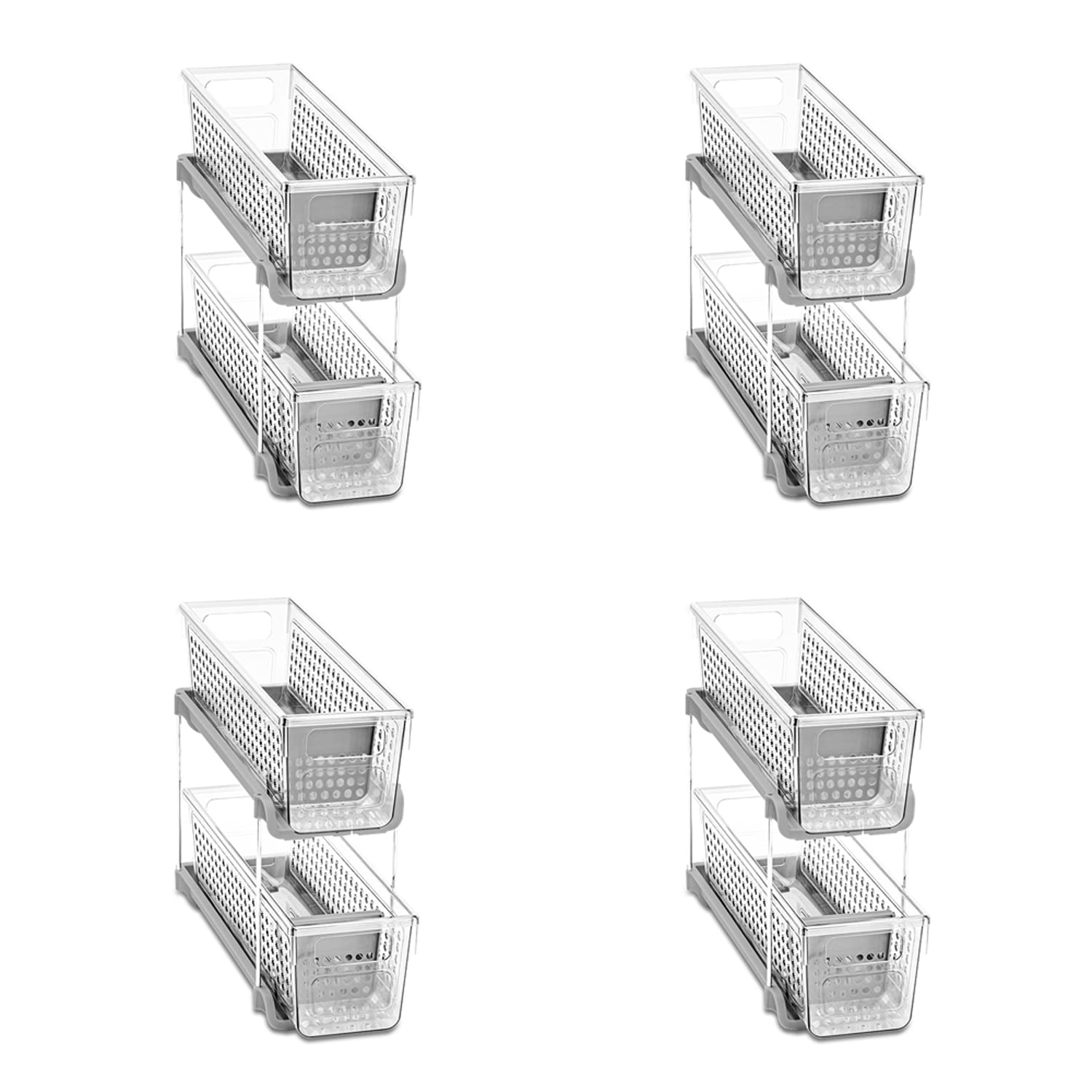 Madesmart Mini 2-Tier Organizer, Multi-Purpose Slide-Out Storage With Handles For Home And Bath, Clear, Pack Of 4