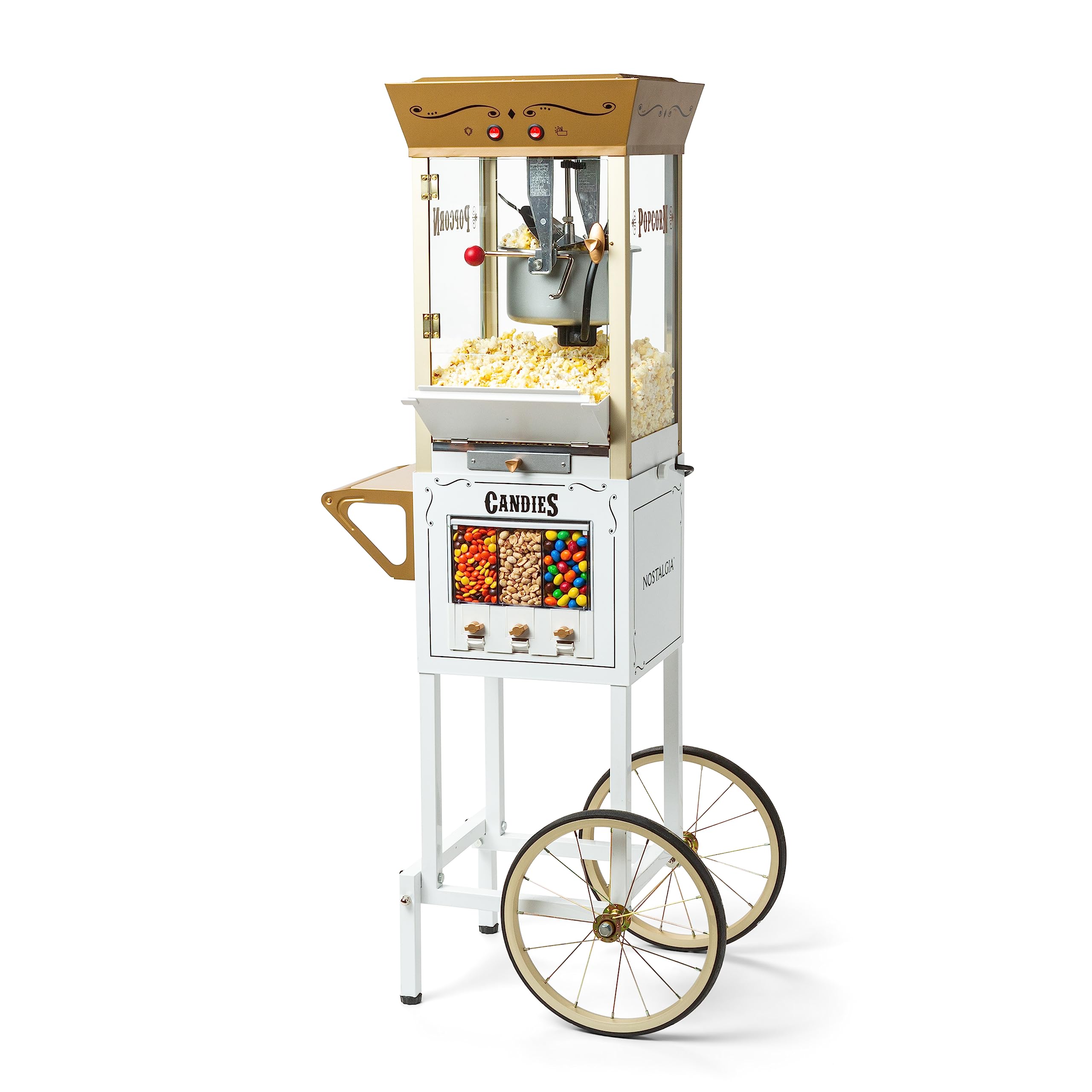 Vintage 8 Ounce Professional Popcorn And Dispensing Cart, Makes Up To 32 Cups, Three Storage Dispensers For Kernels, Candy, Nuts