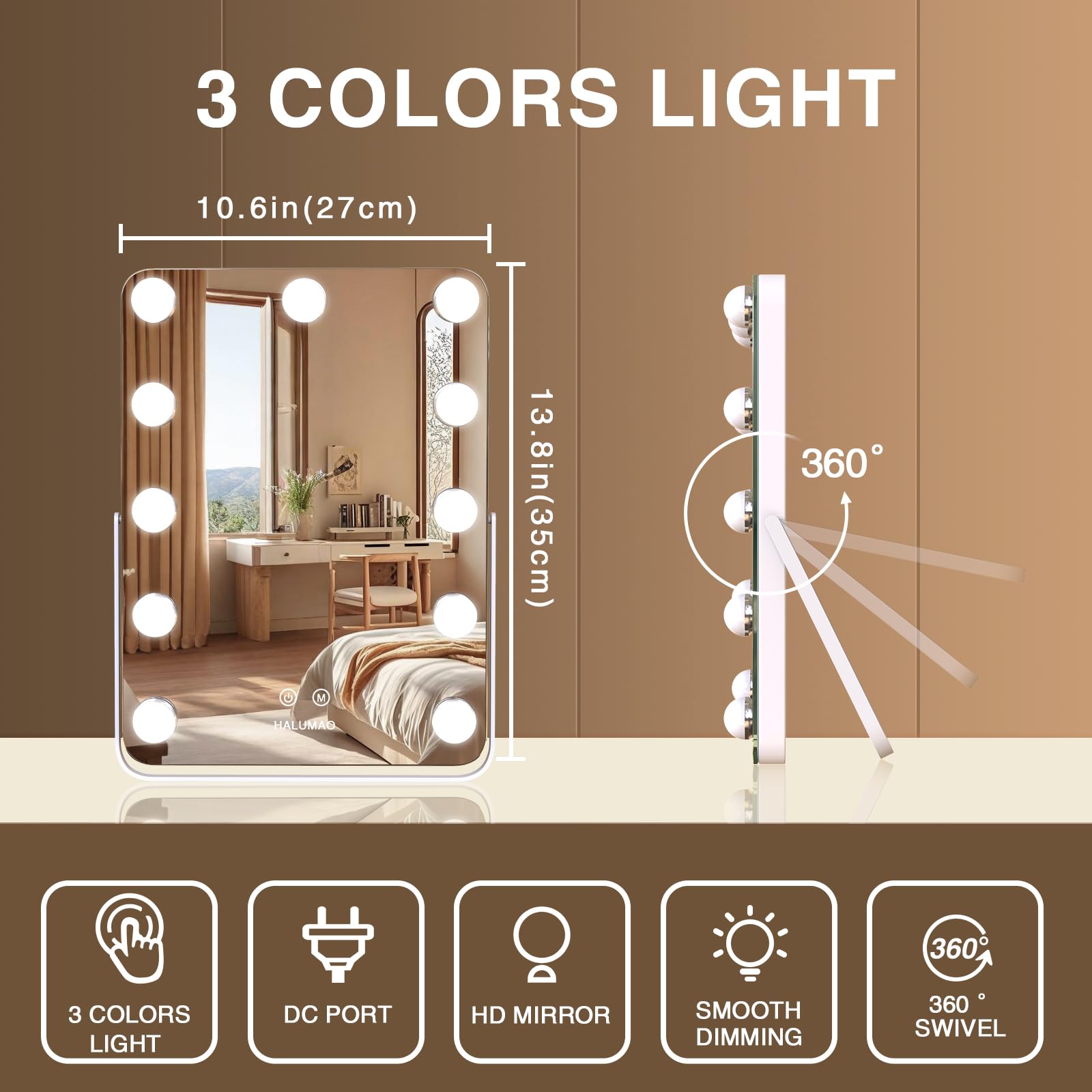 13.9'' X 10.7'' Vanity/Makeup Mirror With Lights, Hollywood Lighted Vanity Mirror With 11 Dimmable Led Bulbs,3 Color Modes,Touch