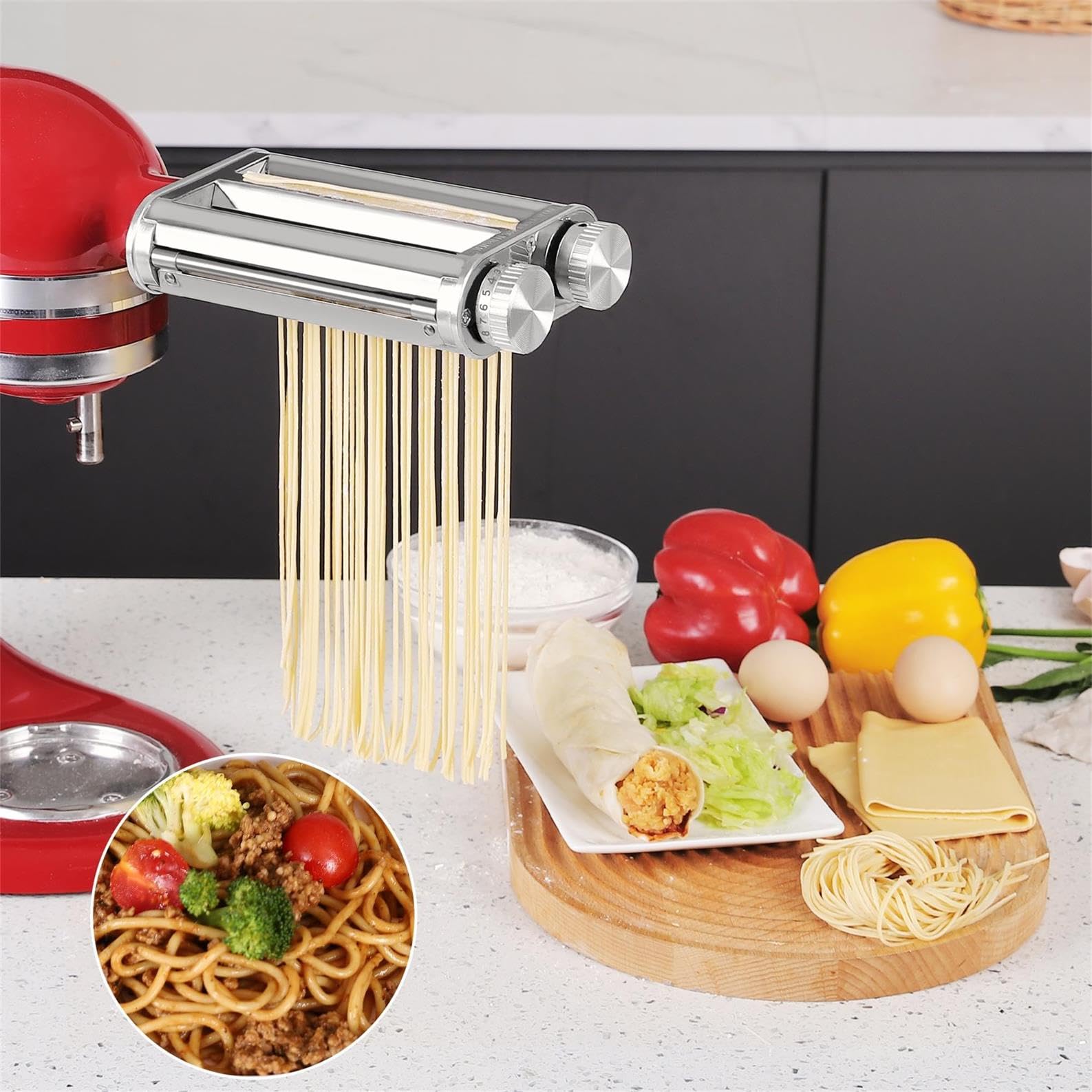 Favorkit Pasta Maker Attachment For Kitchenaid Mixers,3 In 1 Set Included Pasta Sheet Roller, Spaghetti Cutter, Fettuccine Cutte