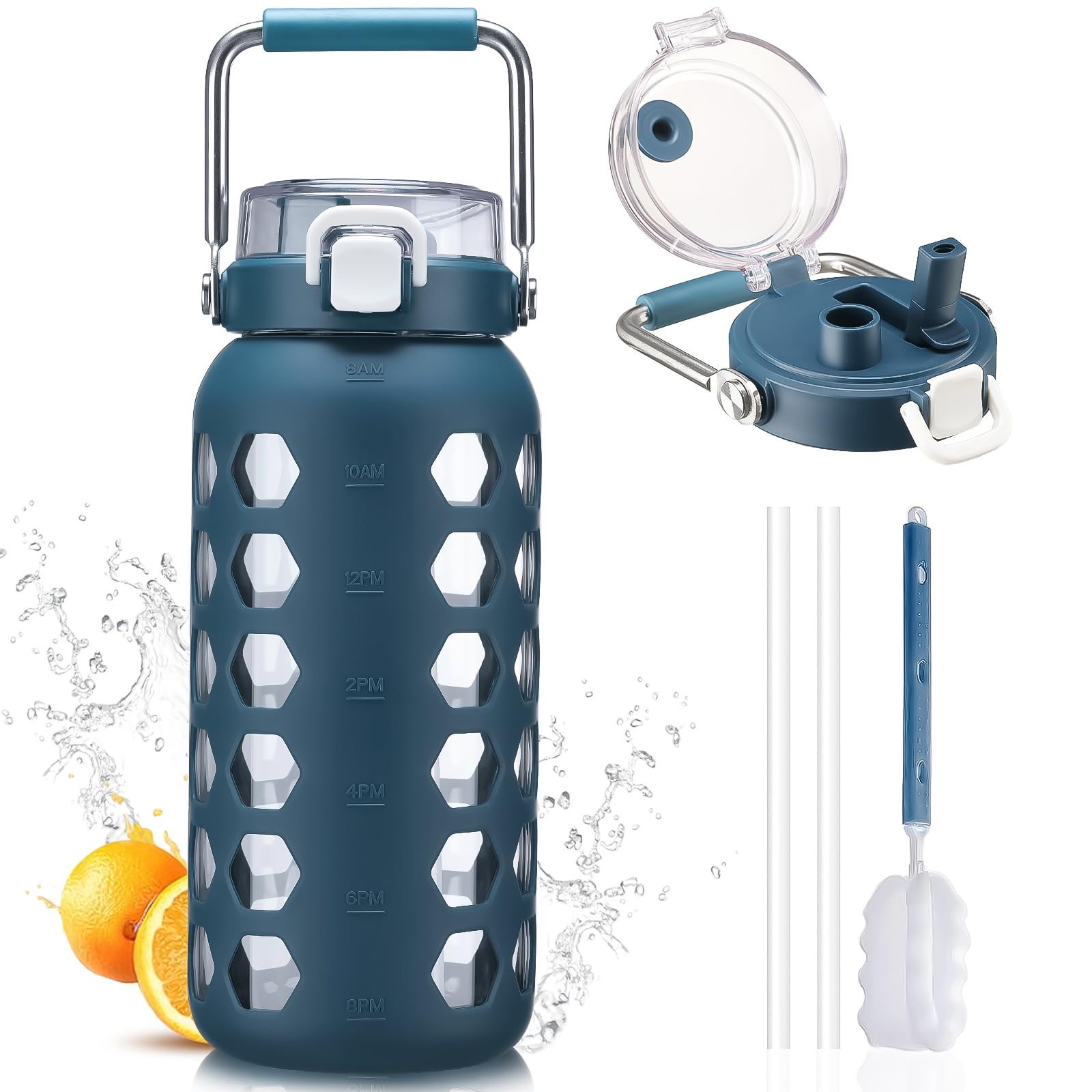 Mukoko 64Oz Glass Water Bottles With Straw And Lid,Half Gallon Water Bottle With Time Marker,Large Glass Water Jug With Silicone