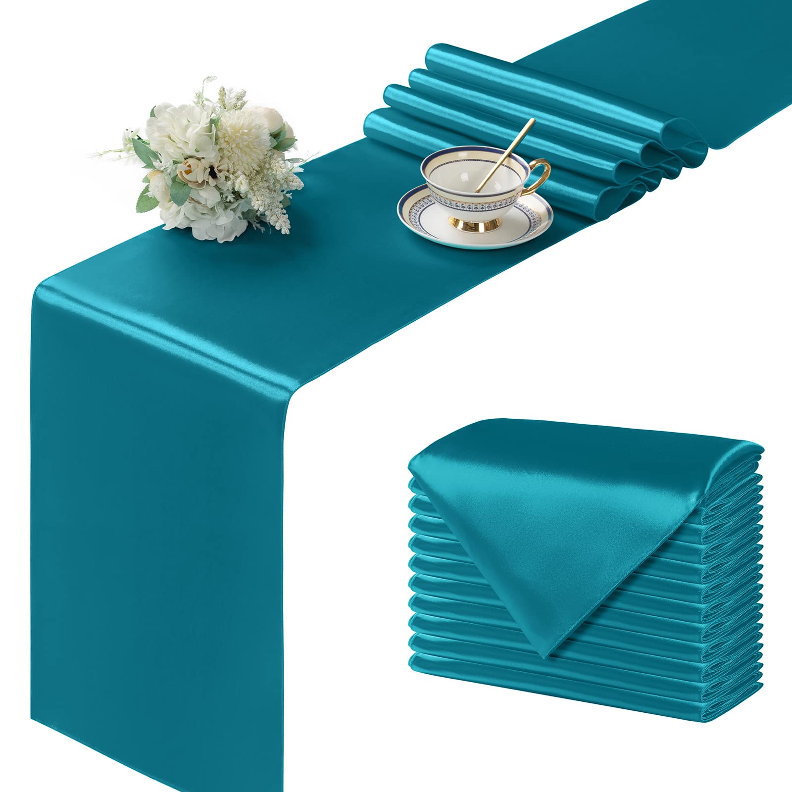 Manyshofu 12Pcs Satin Teal Blue Table Runner - 12 X 72 Inch Long Size, Party Table Runner Decor Bright & Smooth Wedding Decorati