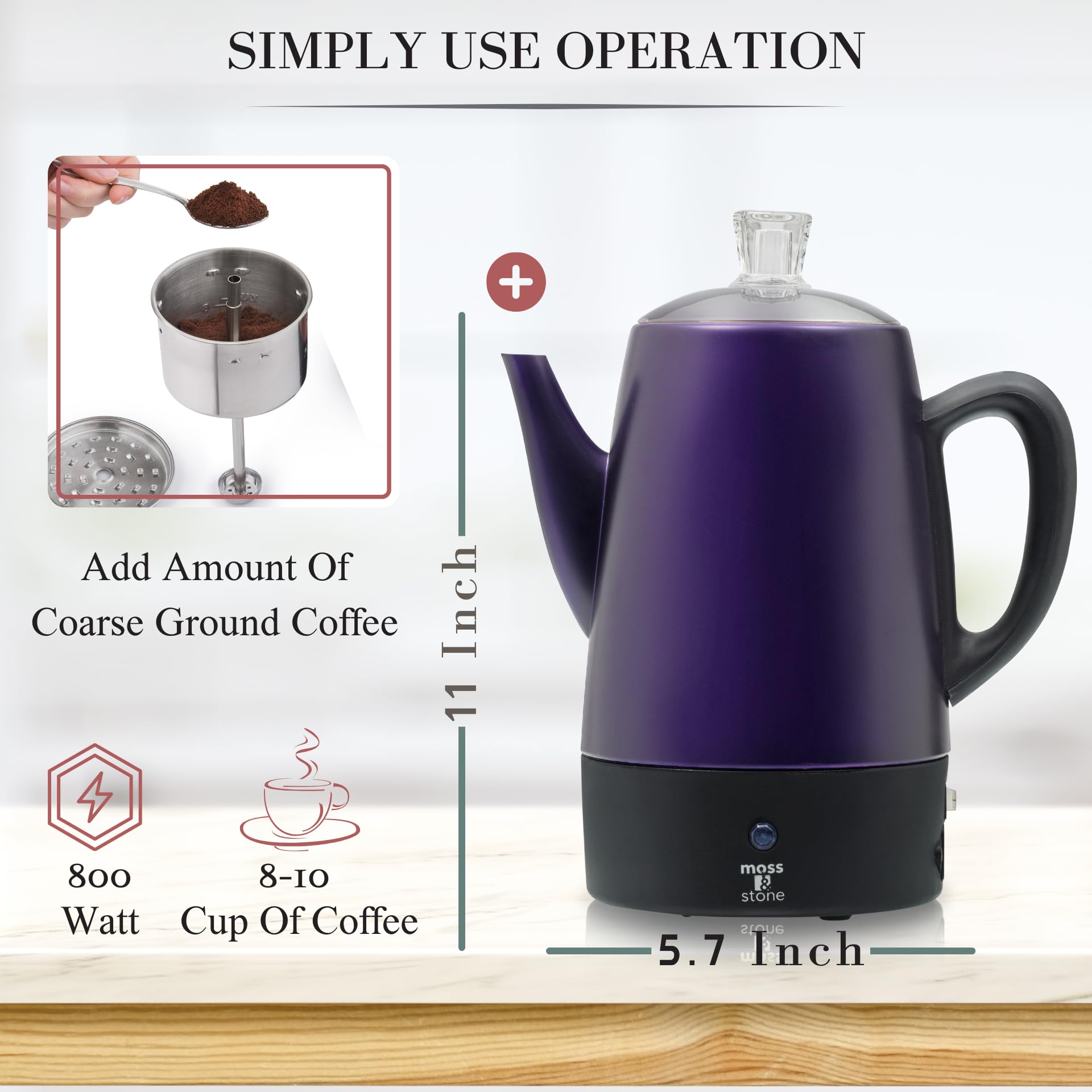 Moss & Stone Electric Coffee Percolator, 10 Cup, Stainless Steel, Purple, Model EPMPP-8MS, Keep Warm Function, 54 oz