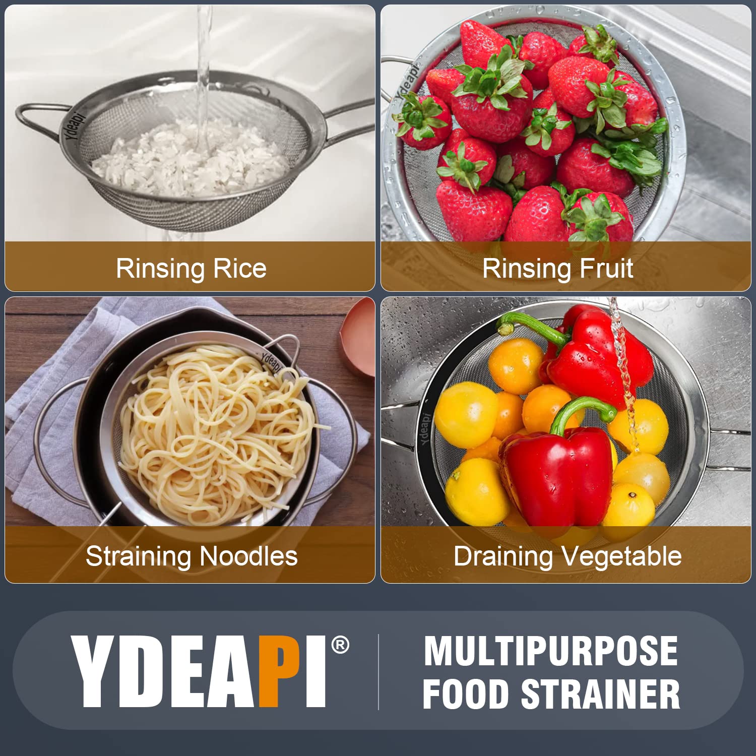 Ydeapi 9'' Large Fine Mesh Strainer With Handle, Metal Food Strainers For Kitchen, Sieve Fine Mesh Stainless Steel For Rice, Qui